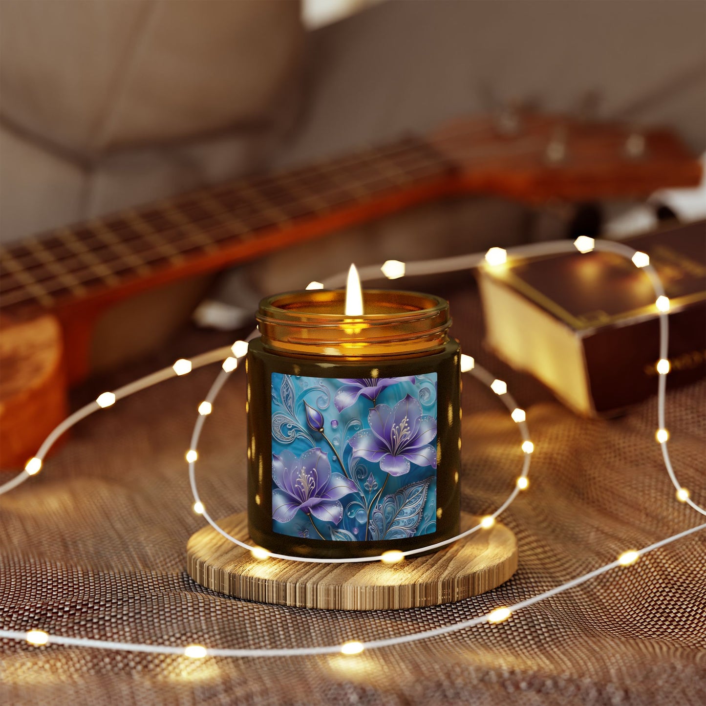 Scented Candle — Coconut Apricot Wax (4oz & 9oz) with Blue Floral Art
