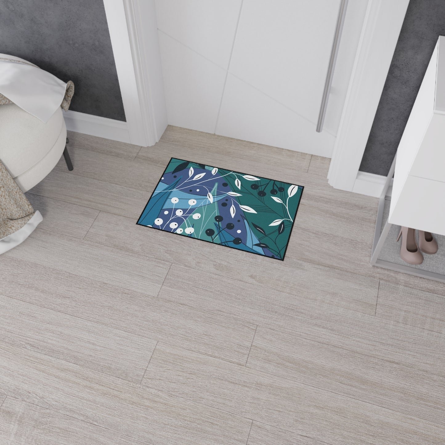 Botanical Blue Heavy-Duty Floor Mat — Durable Floral Entrance Rug