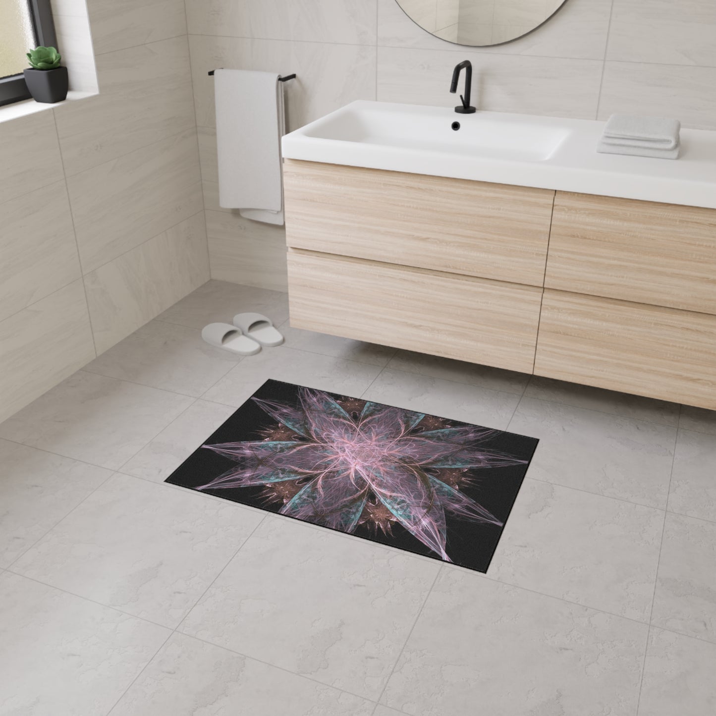 Mandala Star Heavy-Duty Floor Mat — Abstract Pink & Teal Fractal Entrance Rug