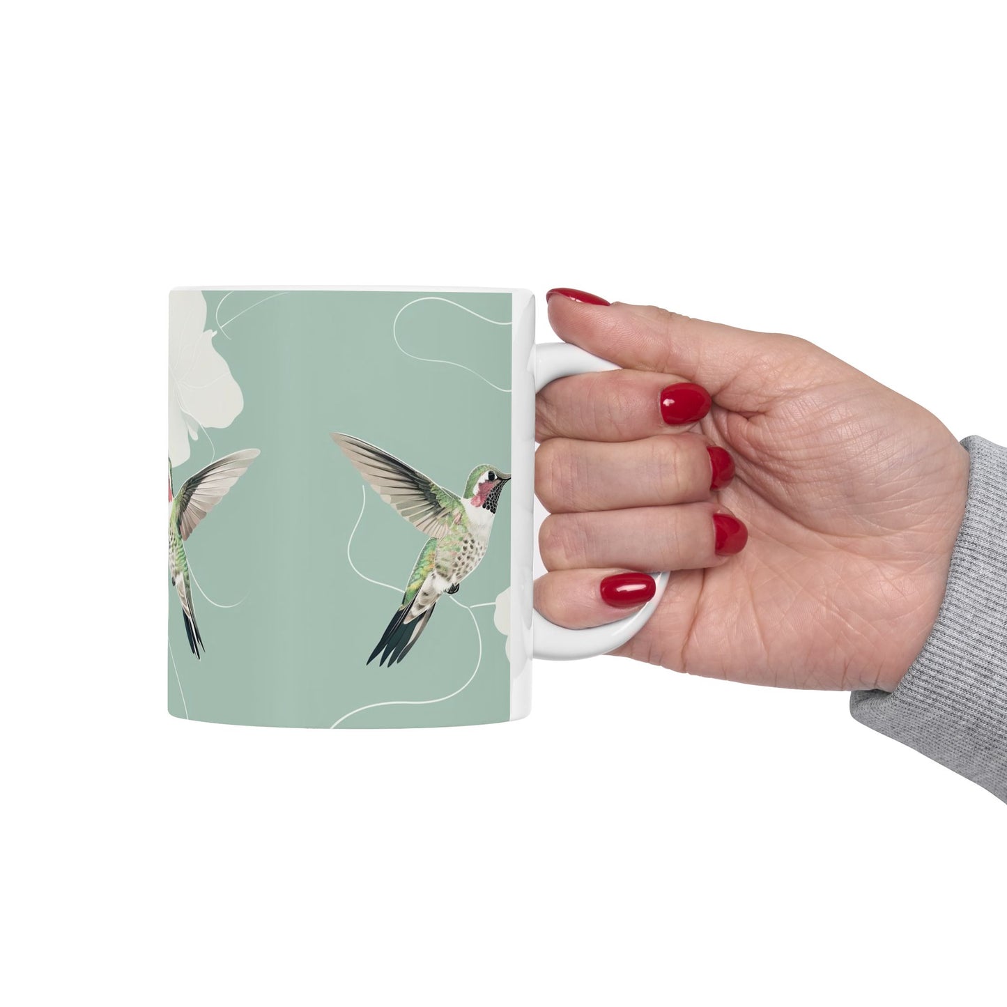 Hummingbird Floral Ceramic Mug – Botanical Mint Coffee Cup (11oz & 15oz)