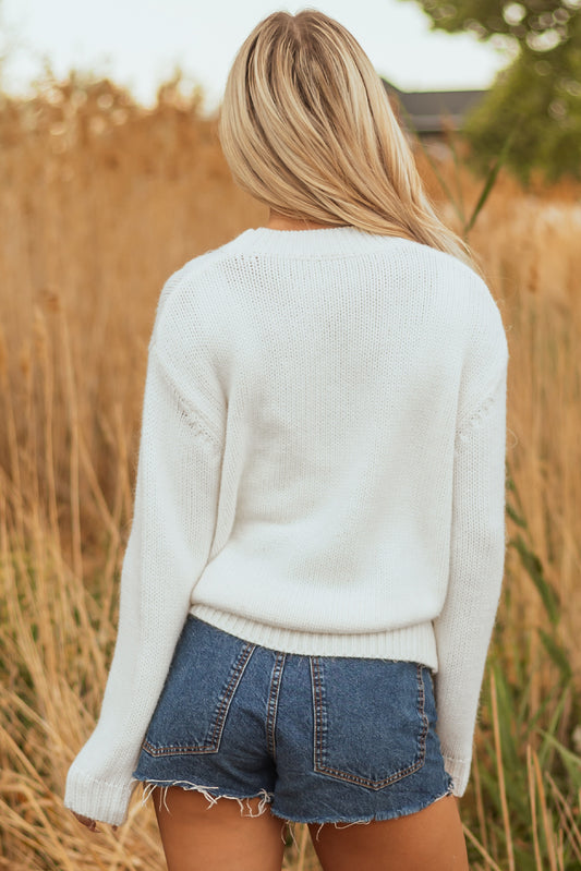 White Embroidered Bow Boots Graphic Drop Shoulder Sweater