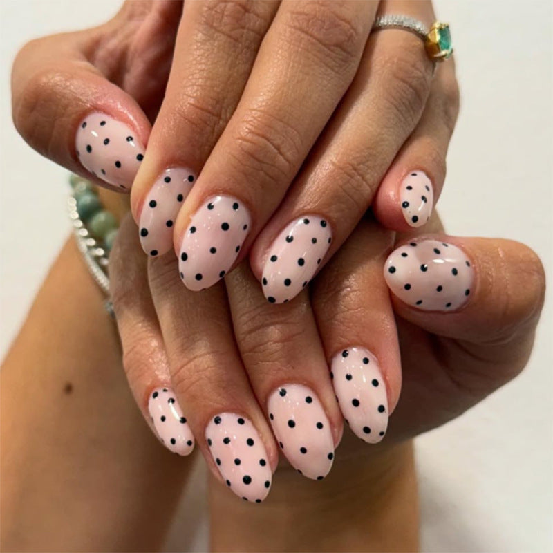 Black dots short round sweet naked powder glossy press-on nails
