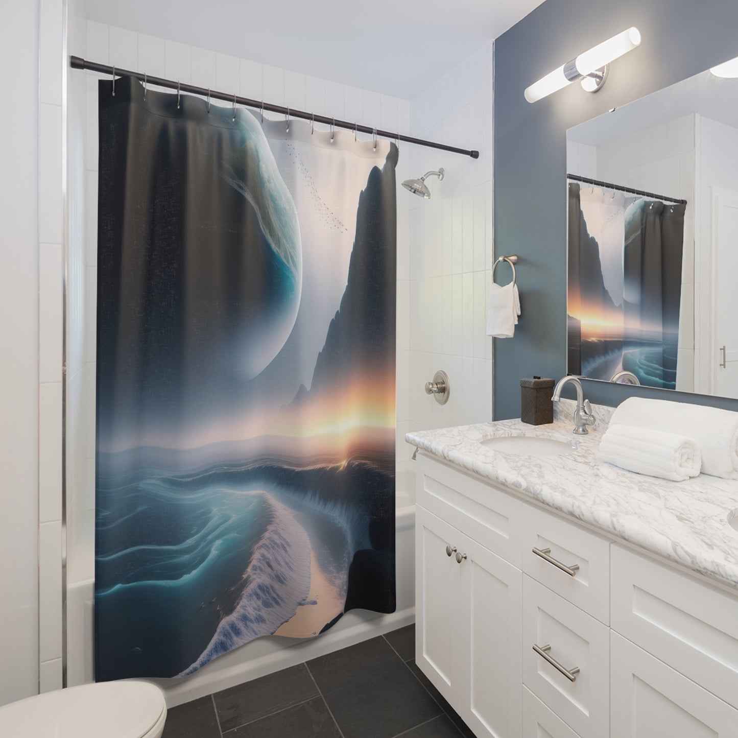 Shower Curtain — Cosmic Seascape Planet Beach Shower Curtain (Surreal Ocean Sunset)