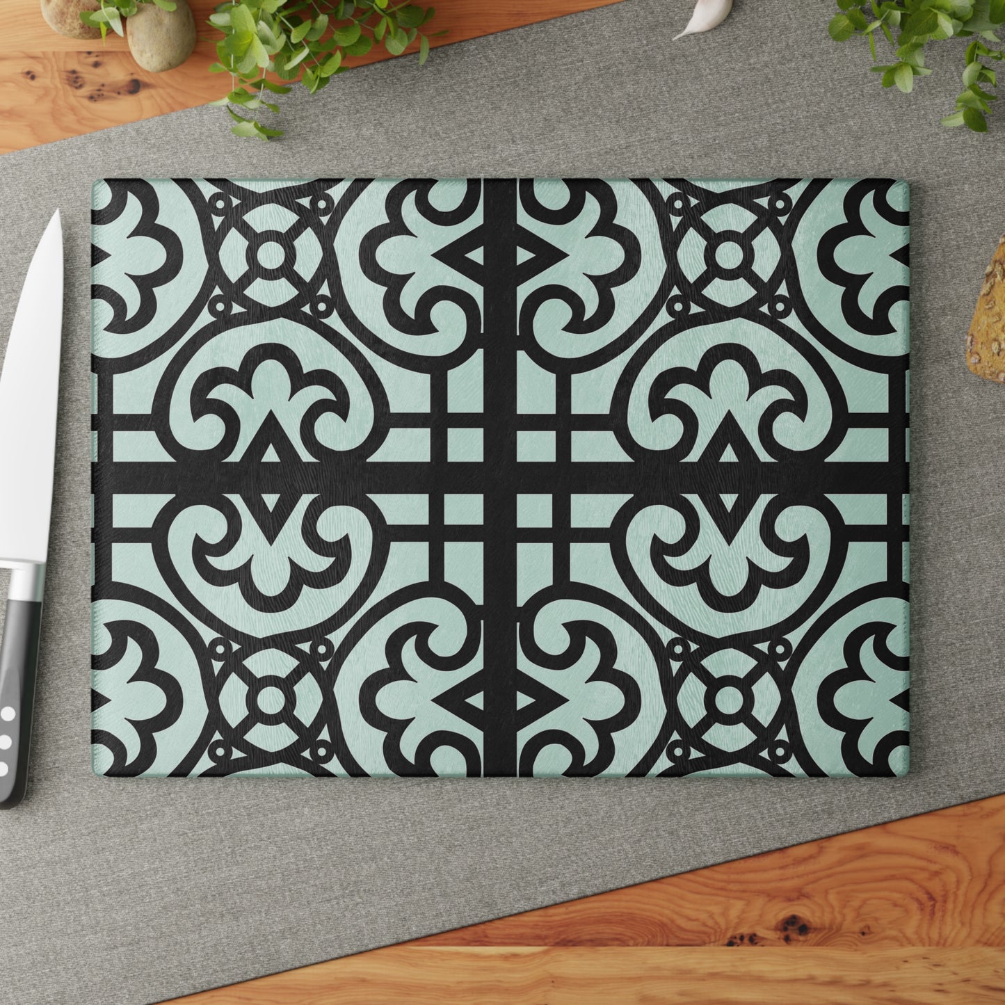 Glass Cutting Board — Decorative Moroccan Tile Pattern in Mint & Black