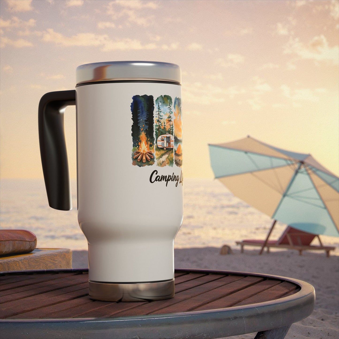 Camping Life Stainless Steel Travel Mug – 14oz Insulated Handle Mug
