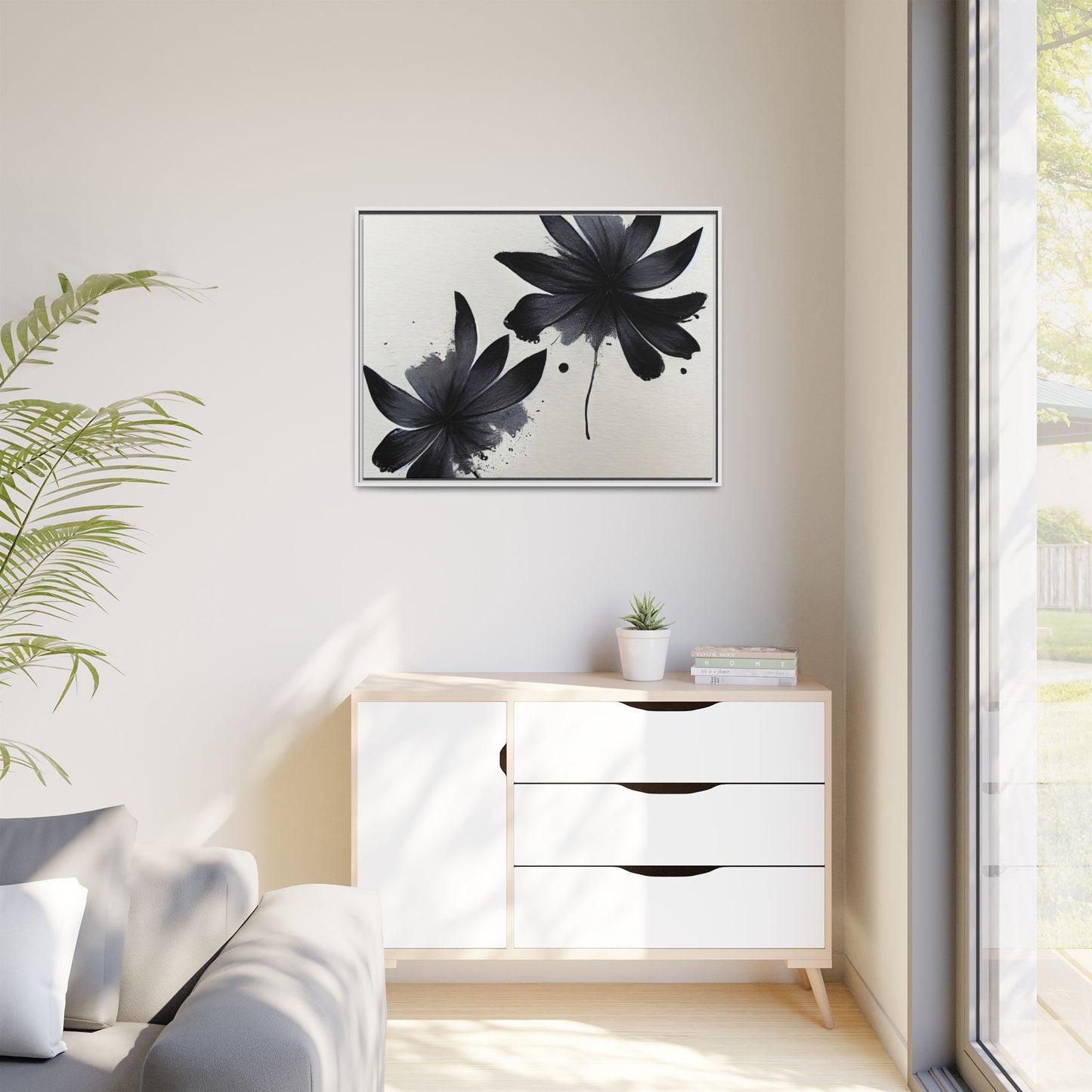 Framed Black Floral Matte Canvas Wall Art — Monochrome Botanical Print