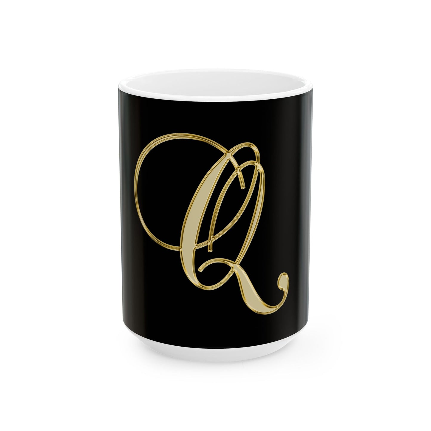 Gold Script Letter Q Mug — Elegant Monogram Ceramic Coffee Cup (11oz, 15oz)