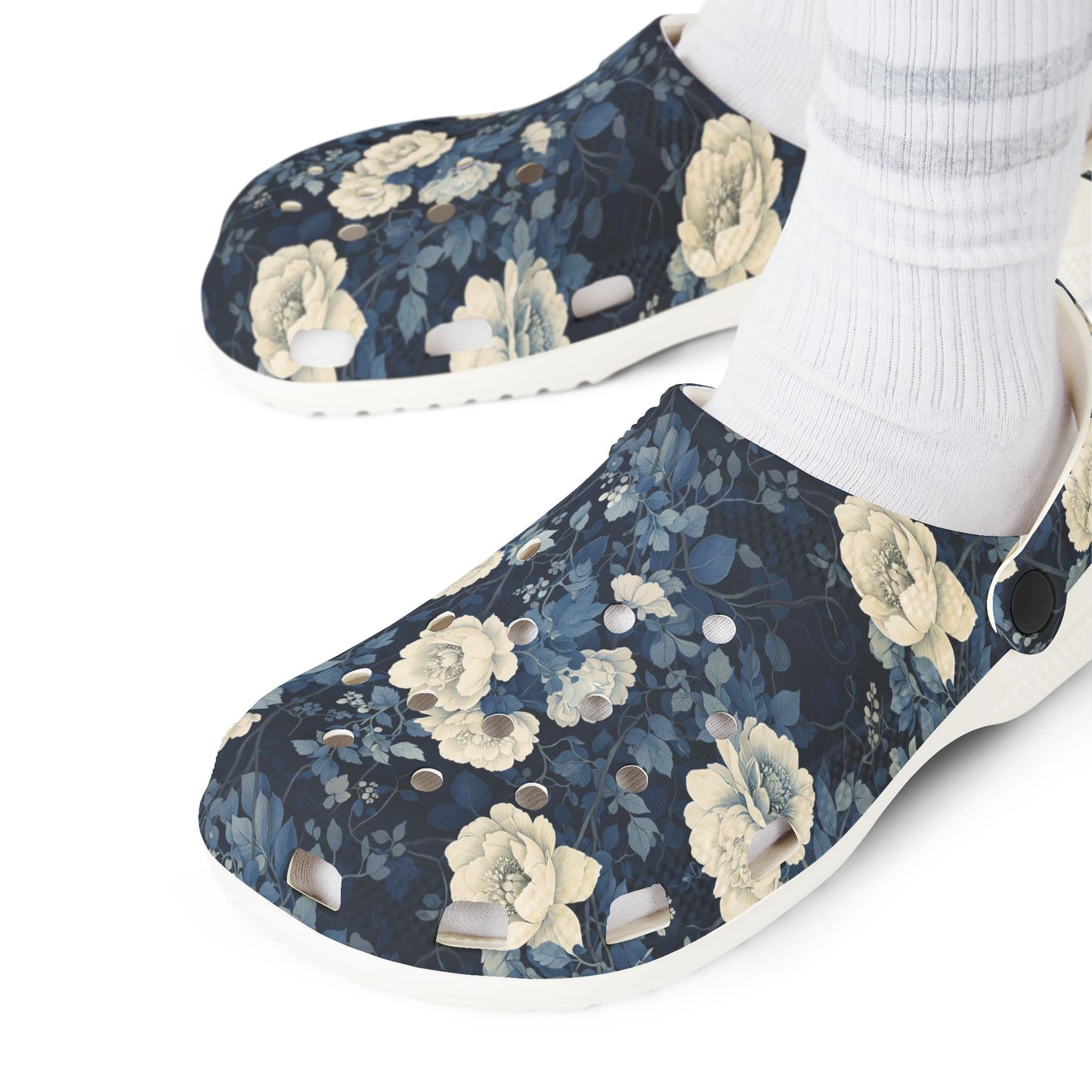 Floral Clogs - Vintage Blue Rose Slip-On Shoes