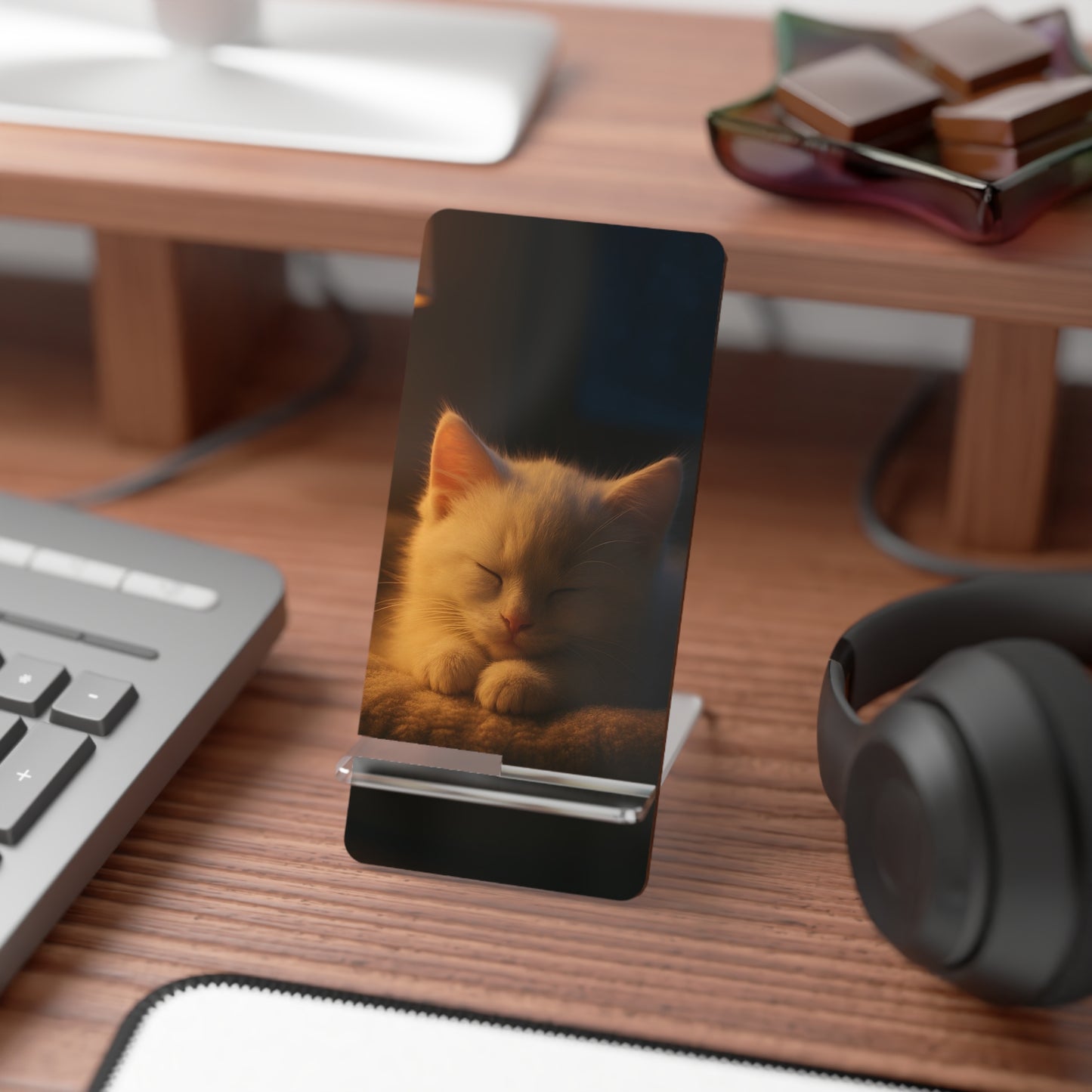 Cute Sleeping Cat Phone Stand — Acrylic Mobile Display Stand for Smartphones