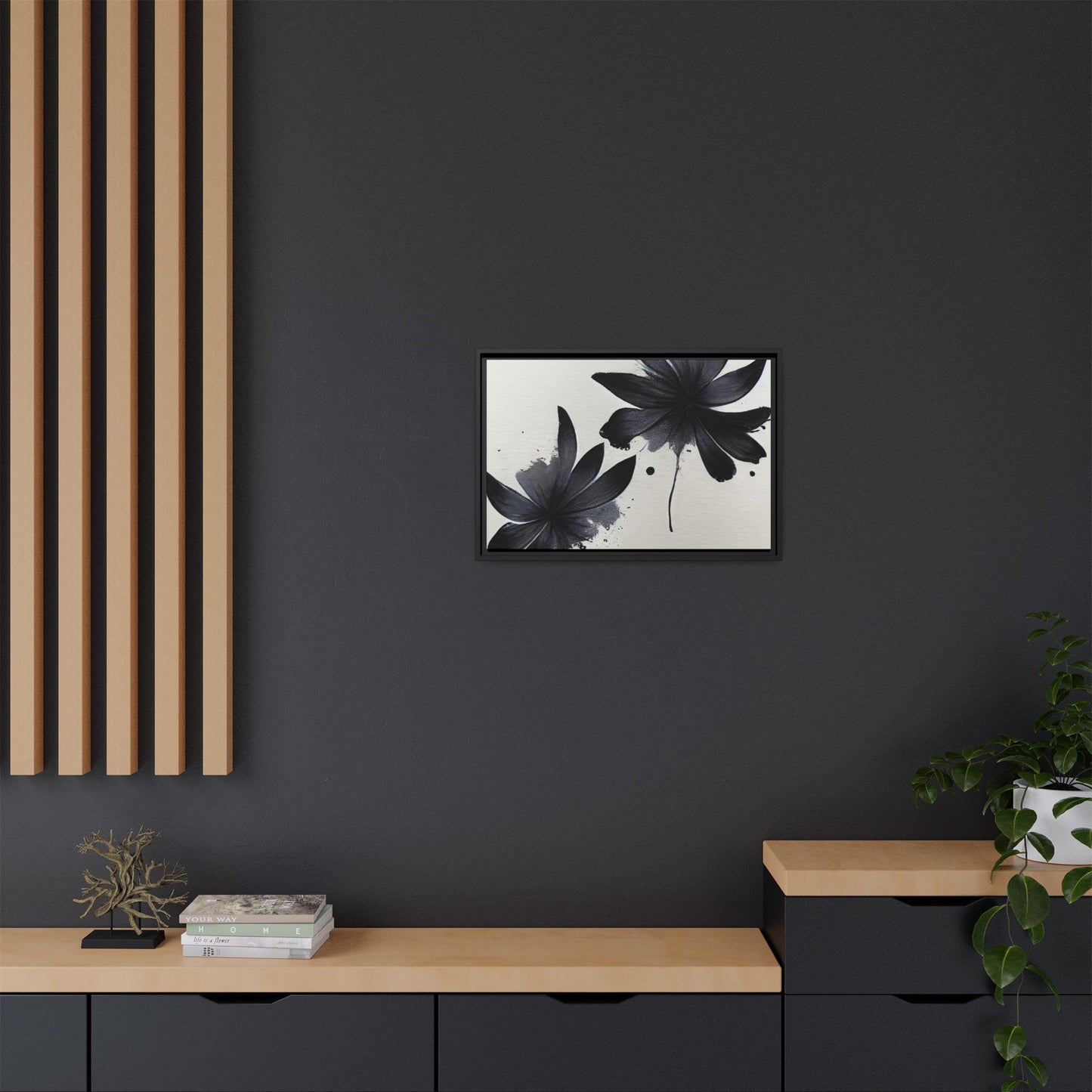 Framed Black Floral Matte Canvas Wall Art — Monochrome Botanical Print