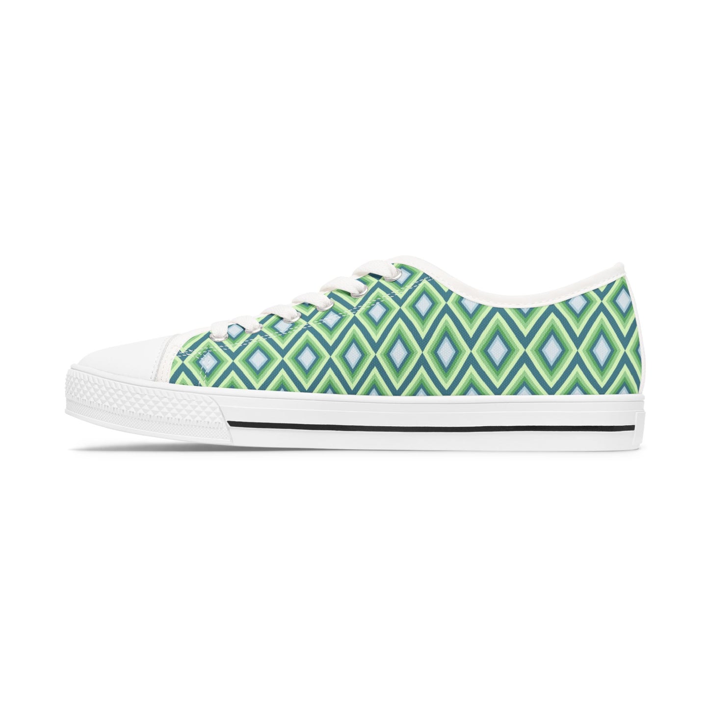 Green Geometric Diamond Pattern Women's Low Top Sneakers — Casual Retro Graphic Tennis Shoes