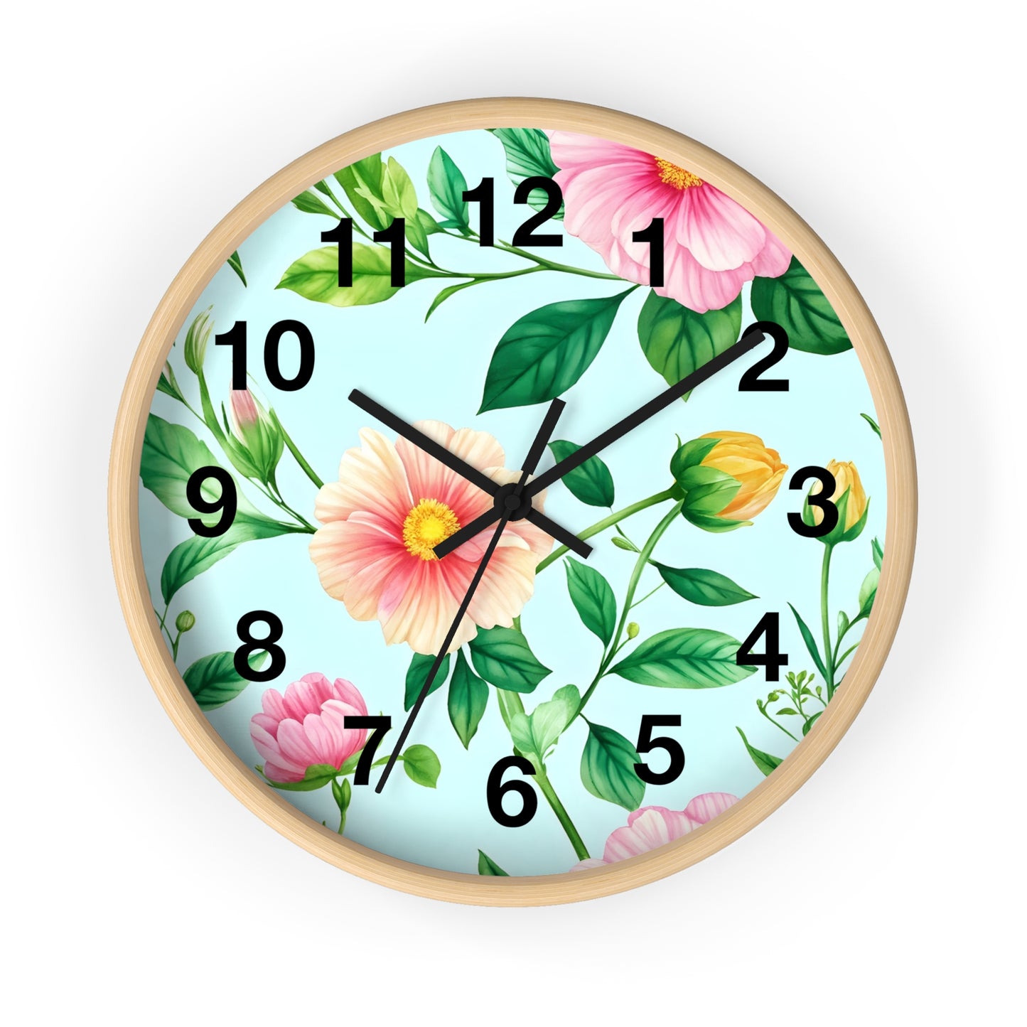 Floral Cottage Wall Clock — Pastel Pink & Green Garden Design