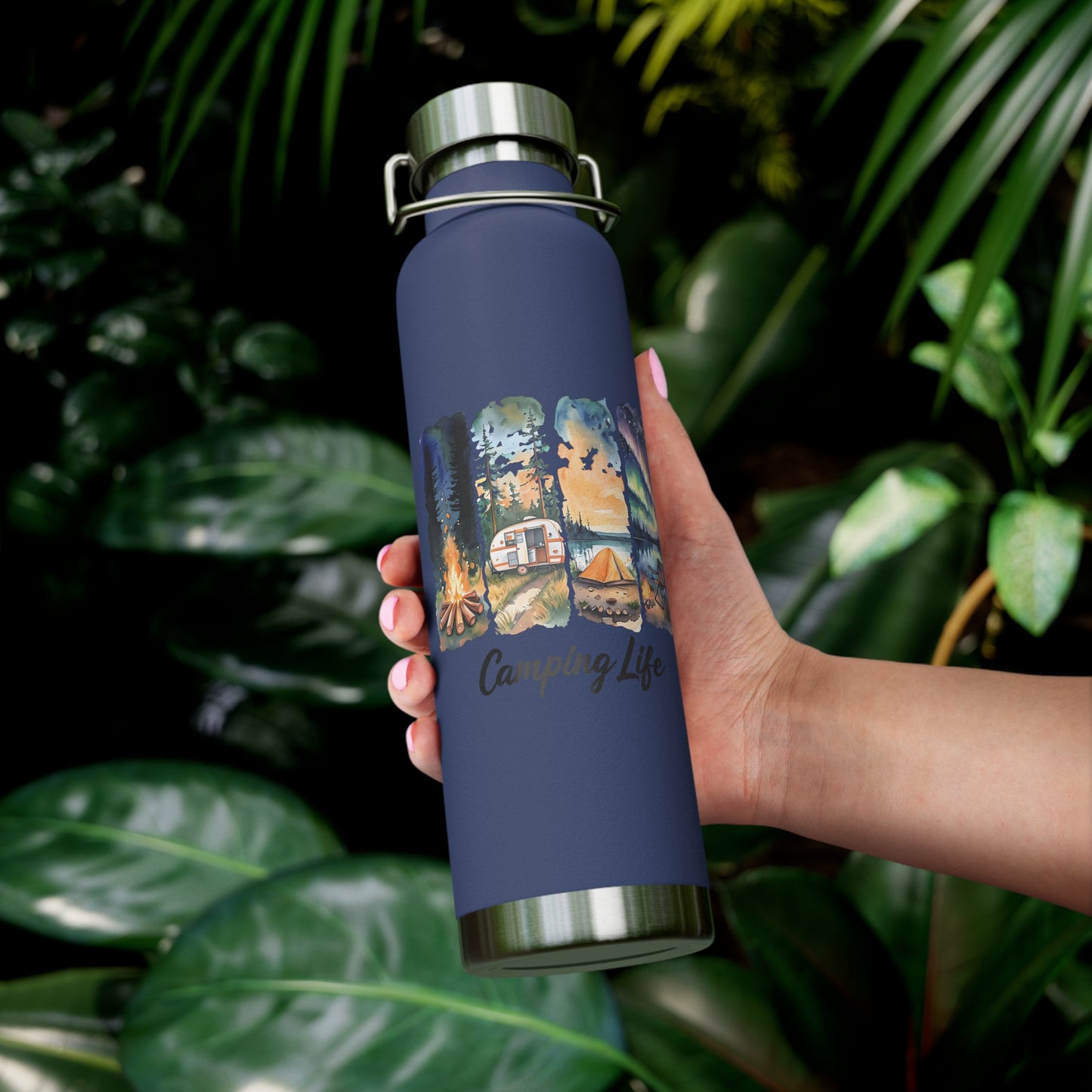 Insulated Camping Water Bottle 22oz — 'Camping Life' Outdoor Vacuum Flask