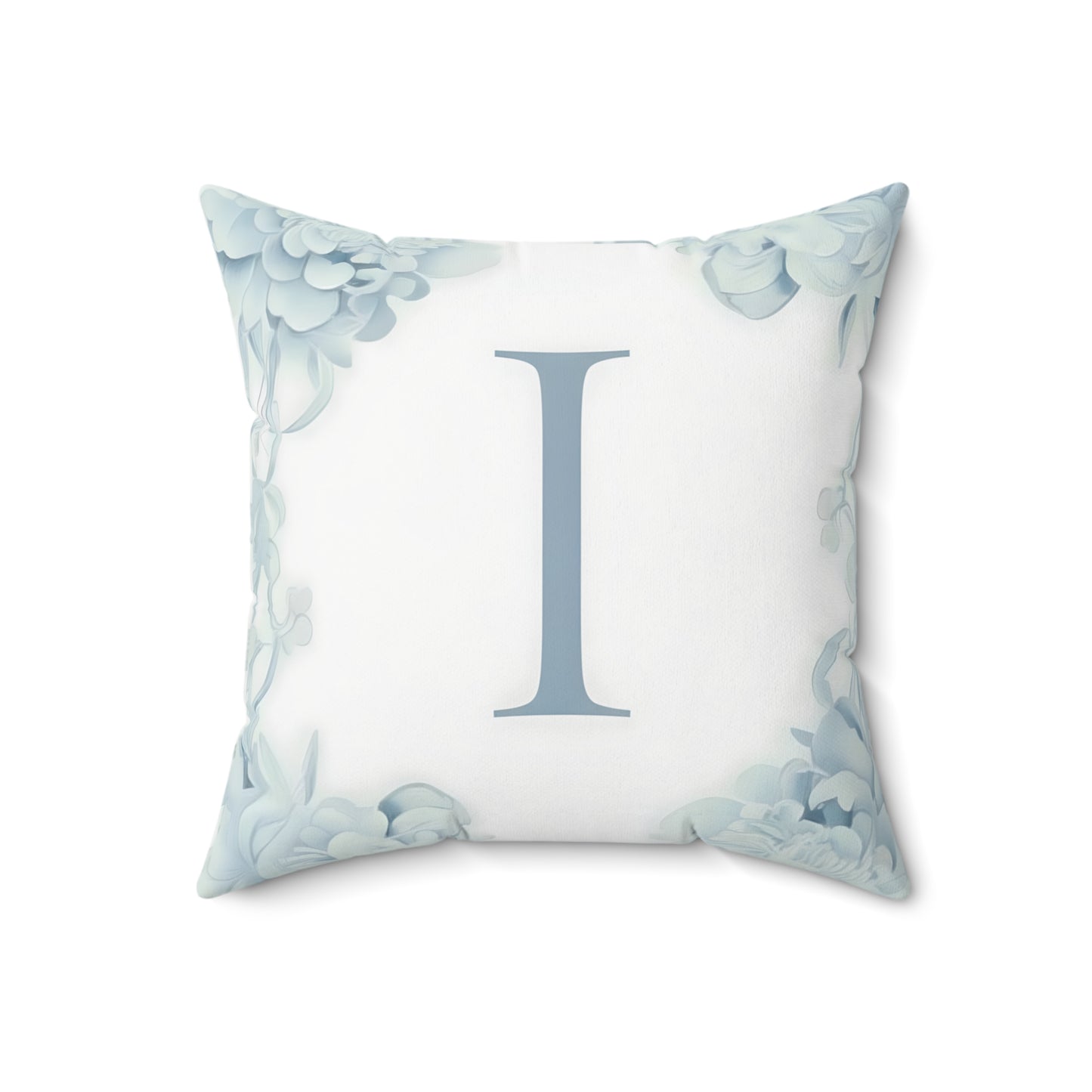 Monogram 'I' Floral Throw Pillow — Soft Blue Initial Accent Pillow