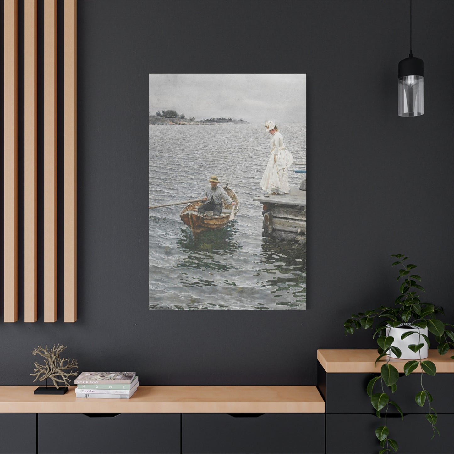 Seaside Stroll Canvas Print — Vintage Woman & Rowboat Matte Stretched Art 1.25"