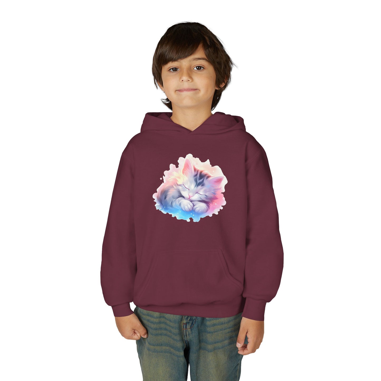 Kids' Cozy Rainbow Kitten Hoodie — Cute Sleeping Cat Youth Sweatshirt