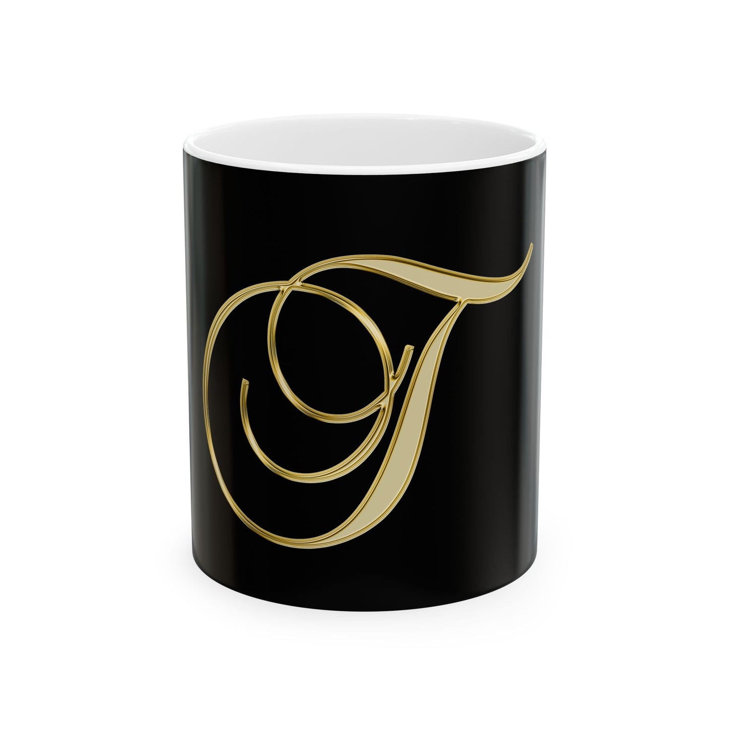 Gold Script Letter 'T' Ceramic Mug – Elegant Monogram Coffee Cup (11oz, 15oz)