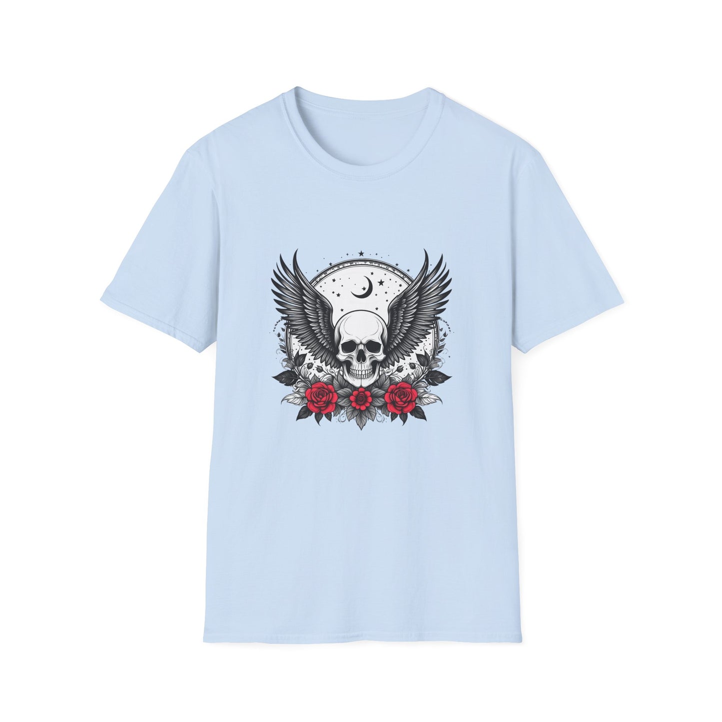 Skull Wings T‑Shirt – Crescent Moon & Red Roses Gothic Graphic Tee