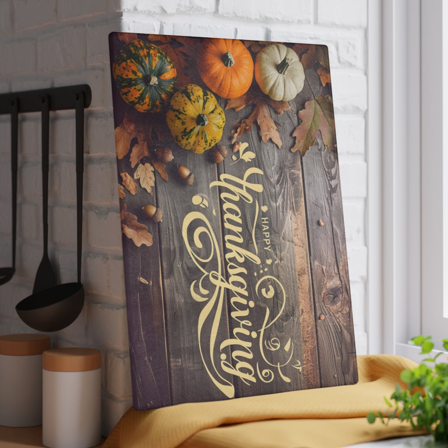 Thanksgiving Glass Cutting Board — Autumn Pumpkins & 'Happy Thanksgiving' Decorative Chopping Board