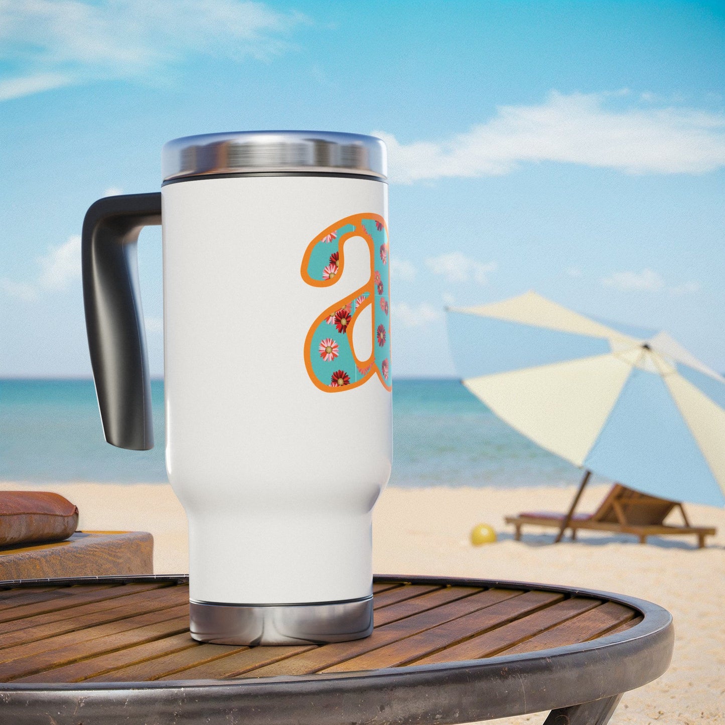 Floral Monogram 'a' Stainless Steel Travel Mug with Handle — 14oz