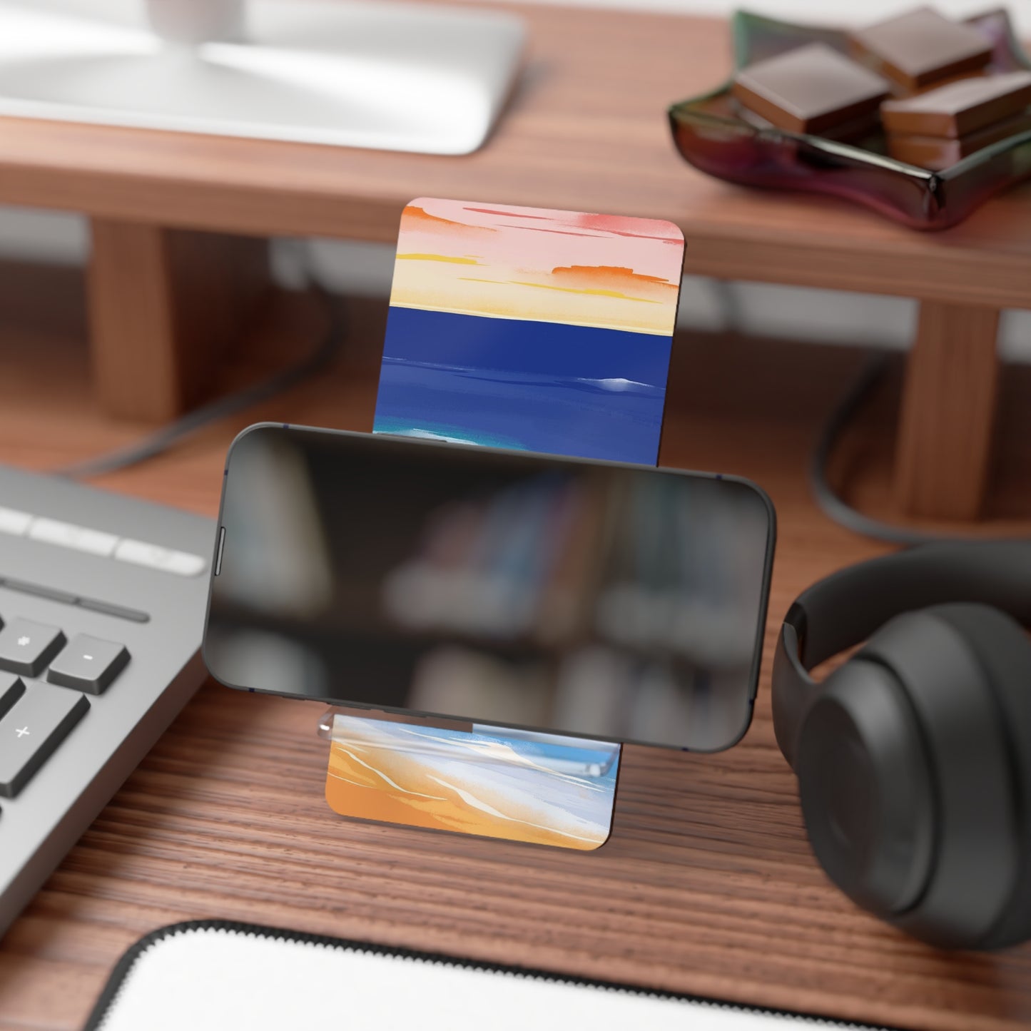 Beach Sunset Phone Stand — Foldable Mobile Display Stand with Abstract Ocean Design