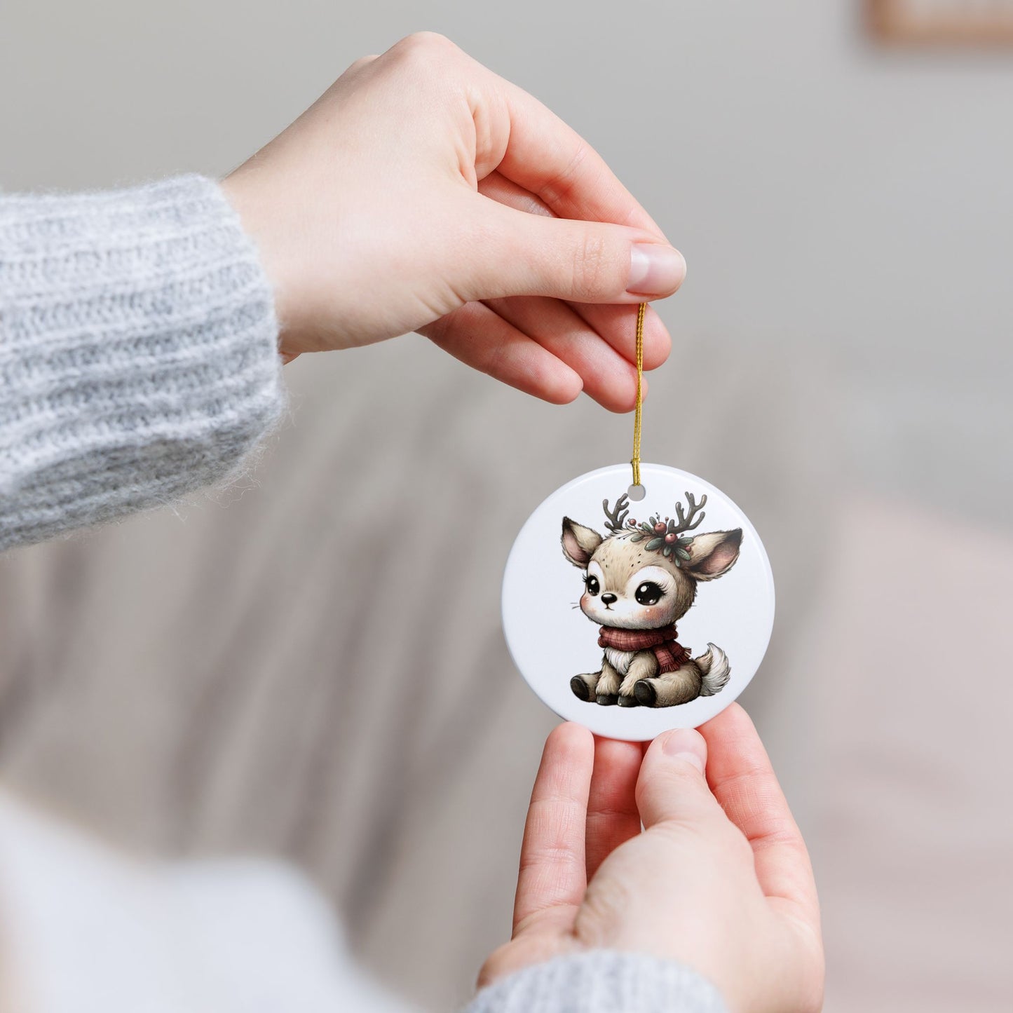 Cute Baby Reindeer Ceramic Ornament – Two-Sided Holiday Tree Decoration