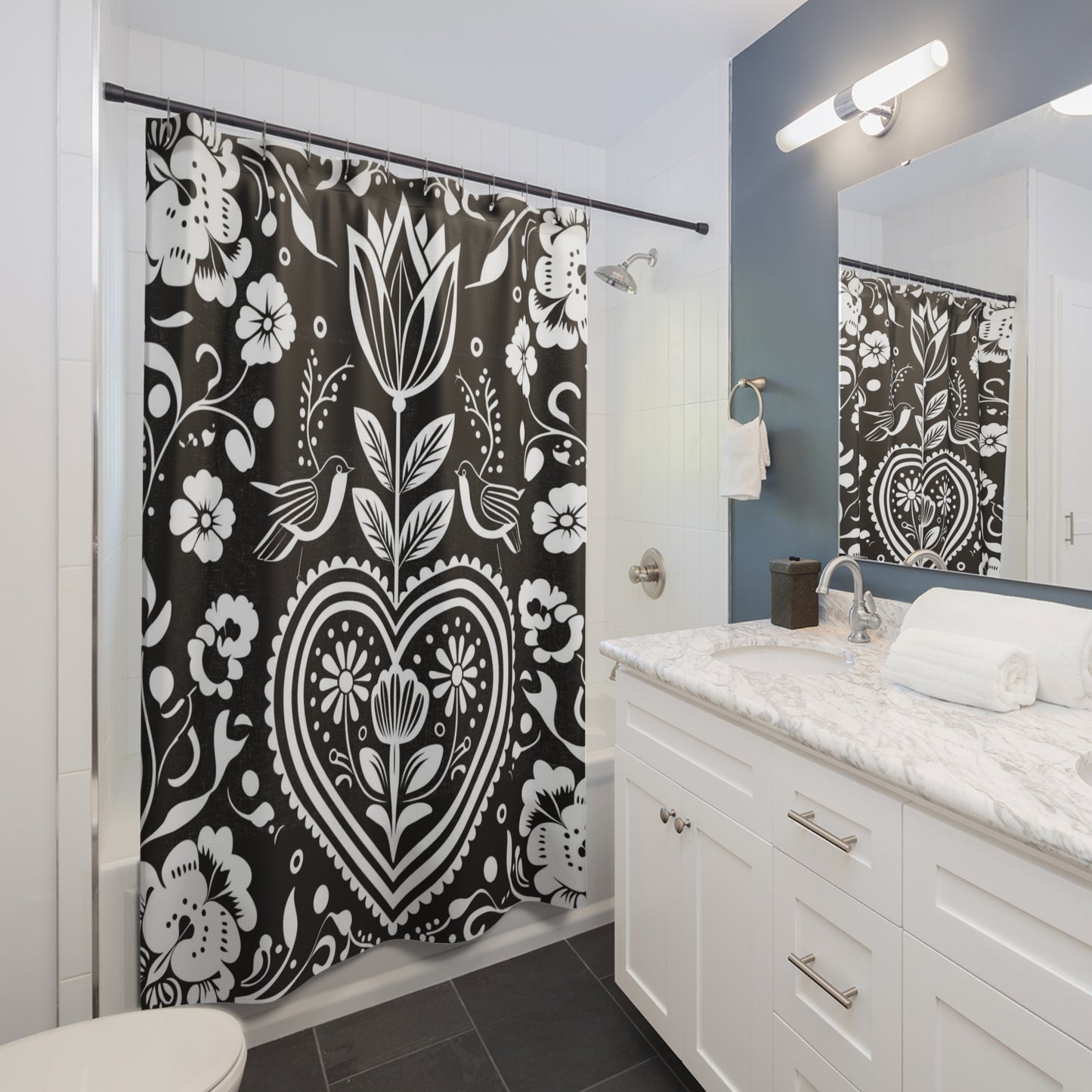 Folk Heart Black & White Shower Curtain — Scandinavian Floral Tulip Design