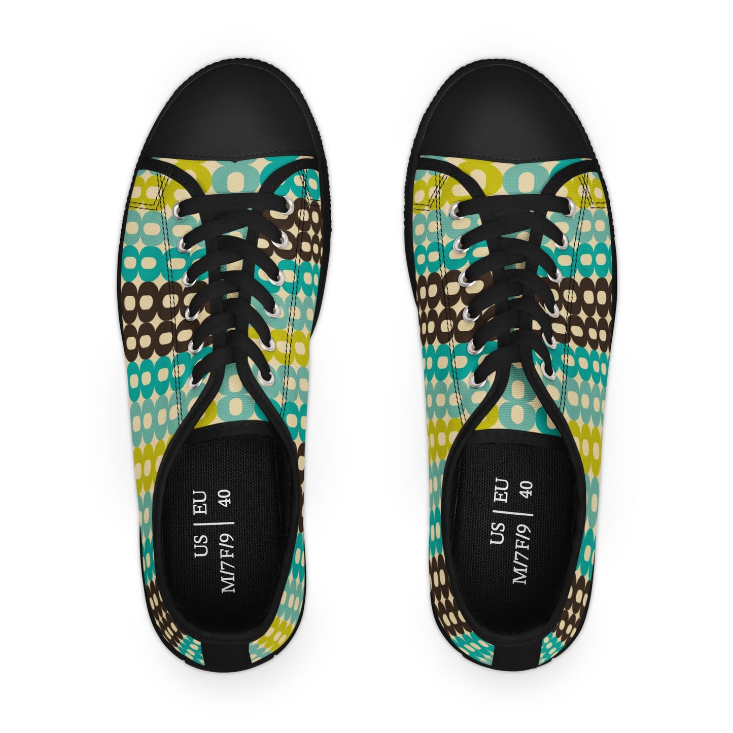 Retro Polka Chain Low Top Sneakers — Teal, Lime & Chocolate Patterned Women’s Shoes