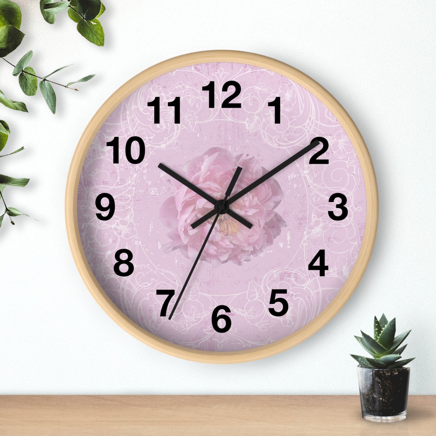 Pink Floral Wall Clock — Romantic Rose Decorative Clock for Bedroom, Nursery, or Gift