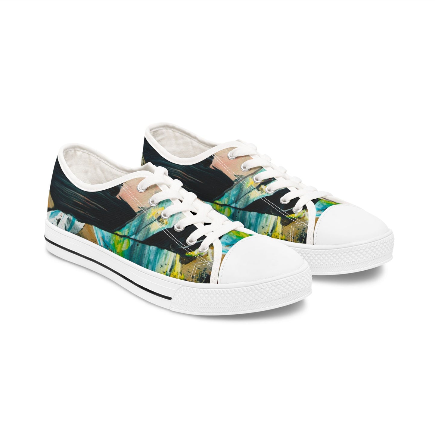 Low Top Sneakers — Abstract Teal & Yellow Brushstroke Canvas Shoes