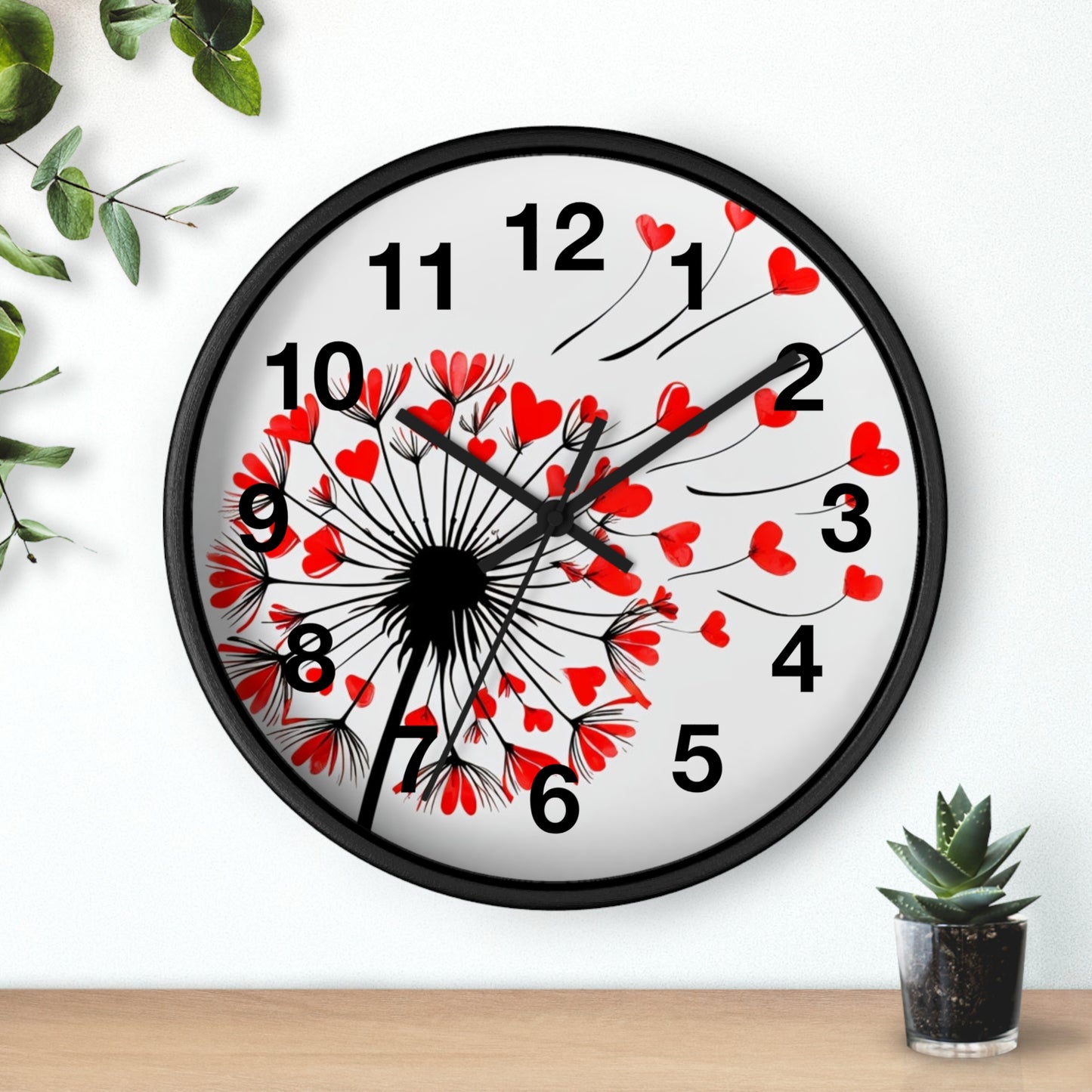Heart Dandelion Wall Clock — Romantic Red Heart Seeds Decorative Clock