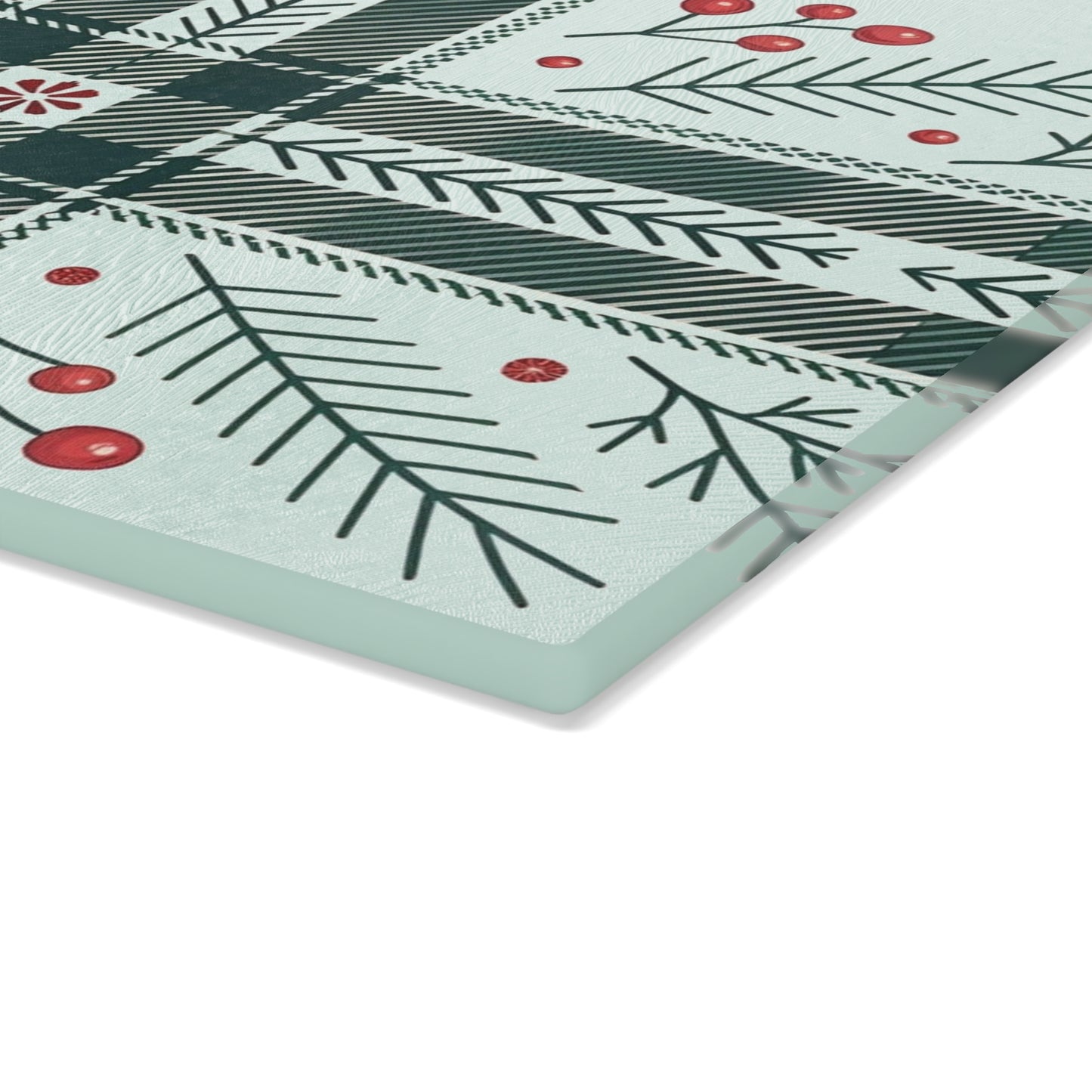 Festive Plaid & Holly Glass Cutting Board — Holiday Kitchen Decor