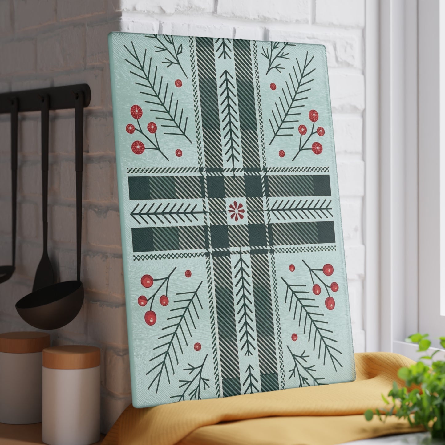 Festive Plaid & Holly Glass Cutting Board — Holiday Kitchen Decor