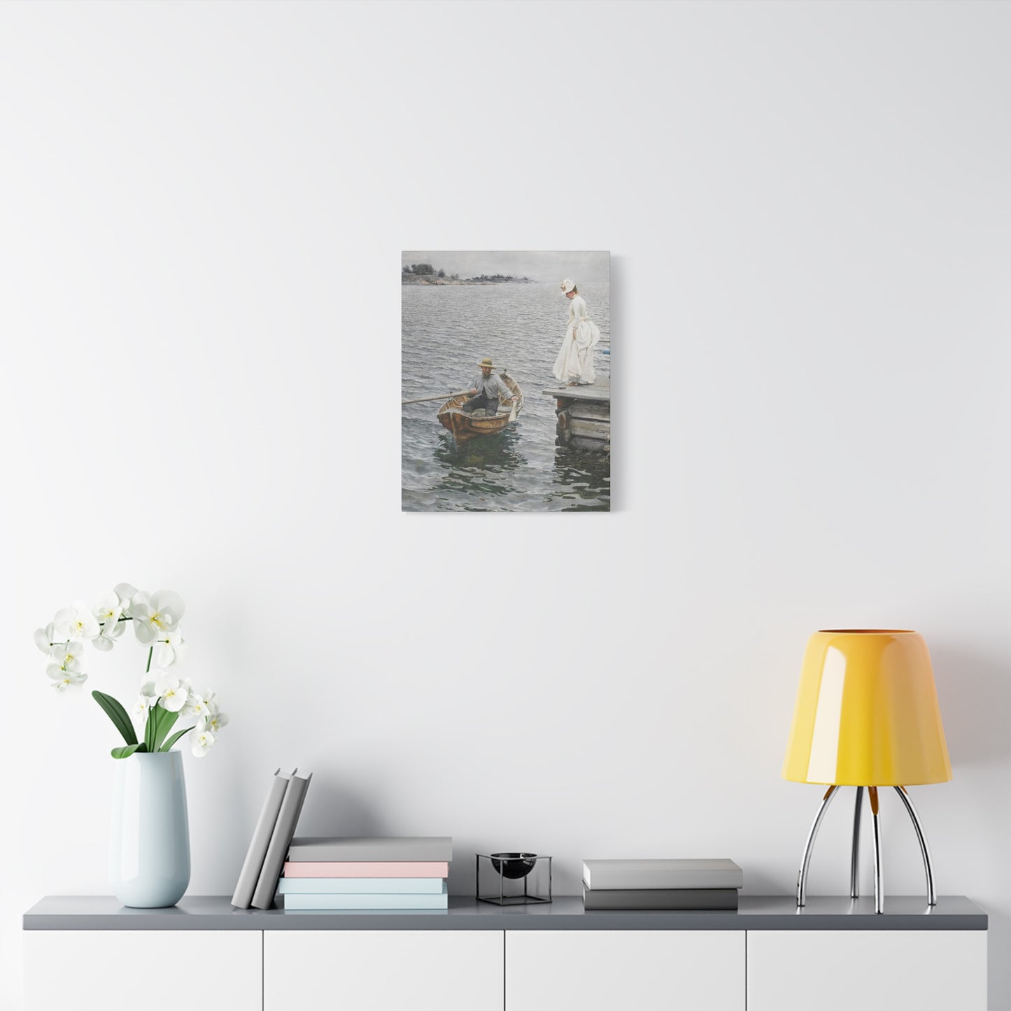 Seaside Stroll Canvas Print — Vintage Woman & Rowboat Matte Stretched Art 1.25"