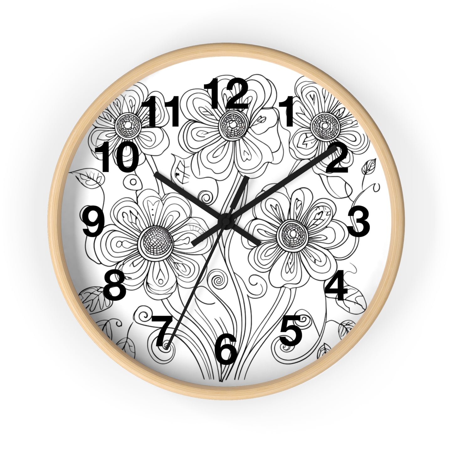 Floral Doodle Wall Clock — Black & White Hand-Drawn Flower Timepiece