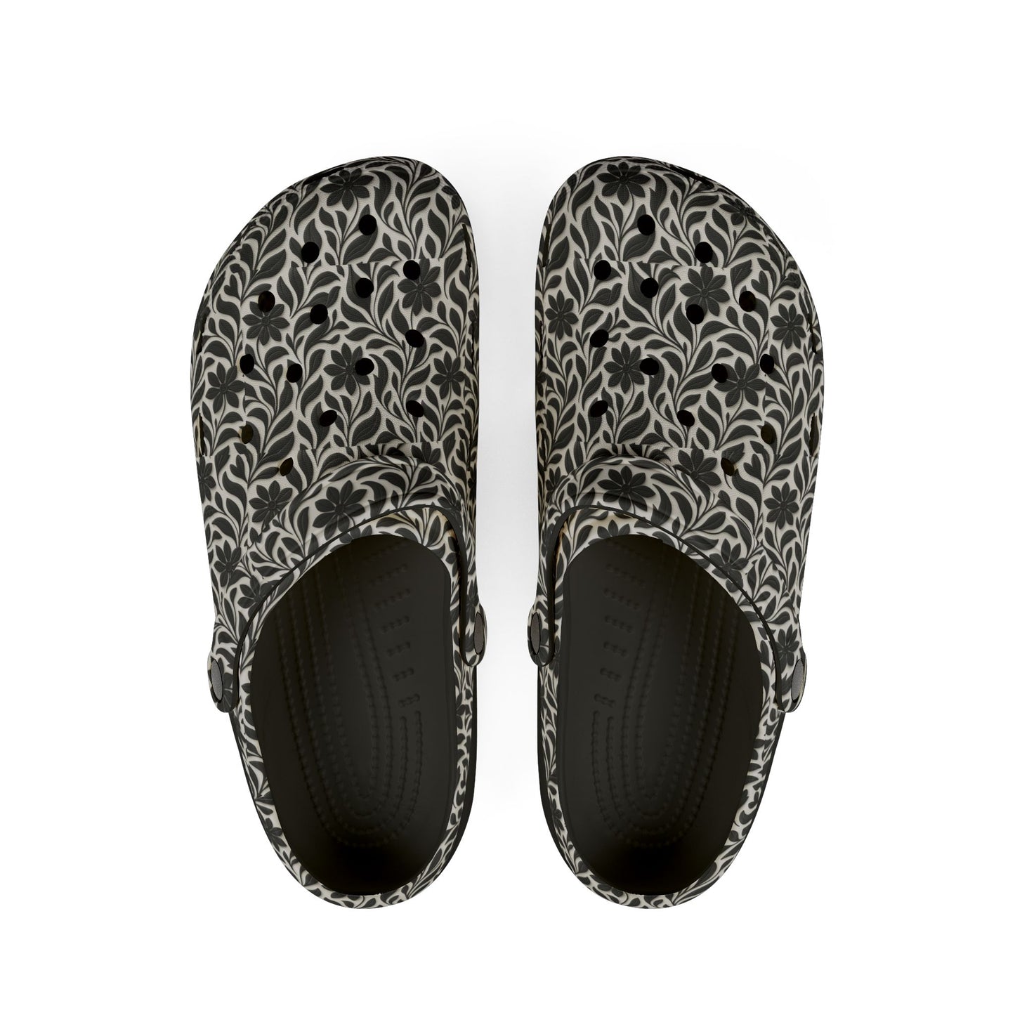 Floral EVA Foam Clogs — Lightweight Black & Cream Garden Pattern