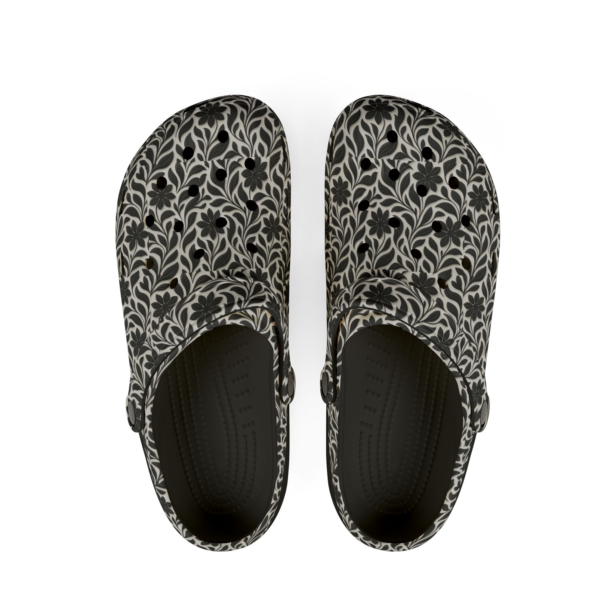 Floral EVA Foam Clogs — Lightweight Black & Cream Garden Pattern