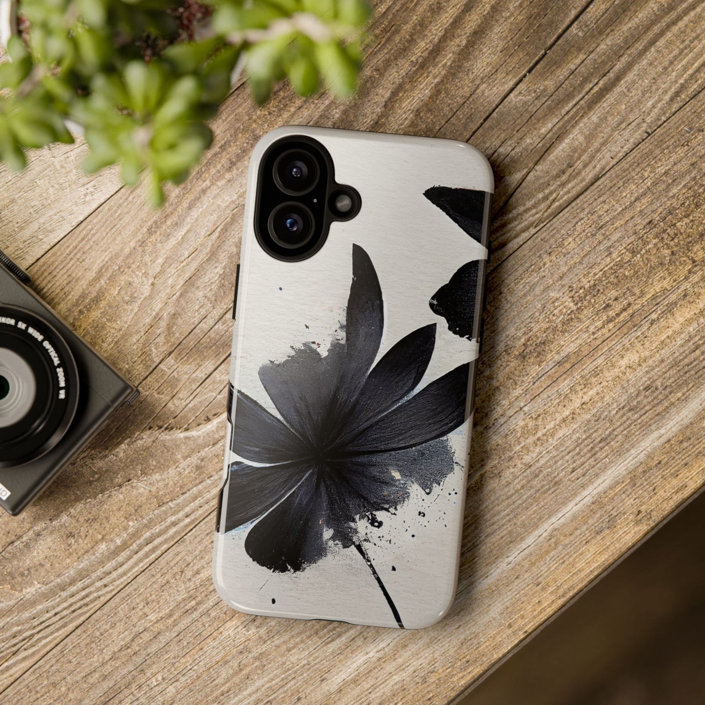Monochrome Floral Tough Phone Case — Black Ink Flower Protective Cover