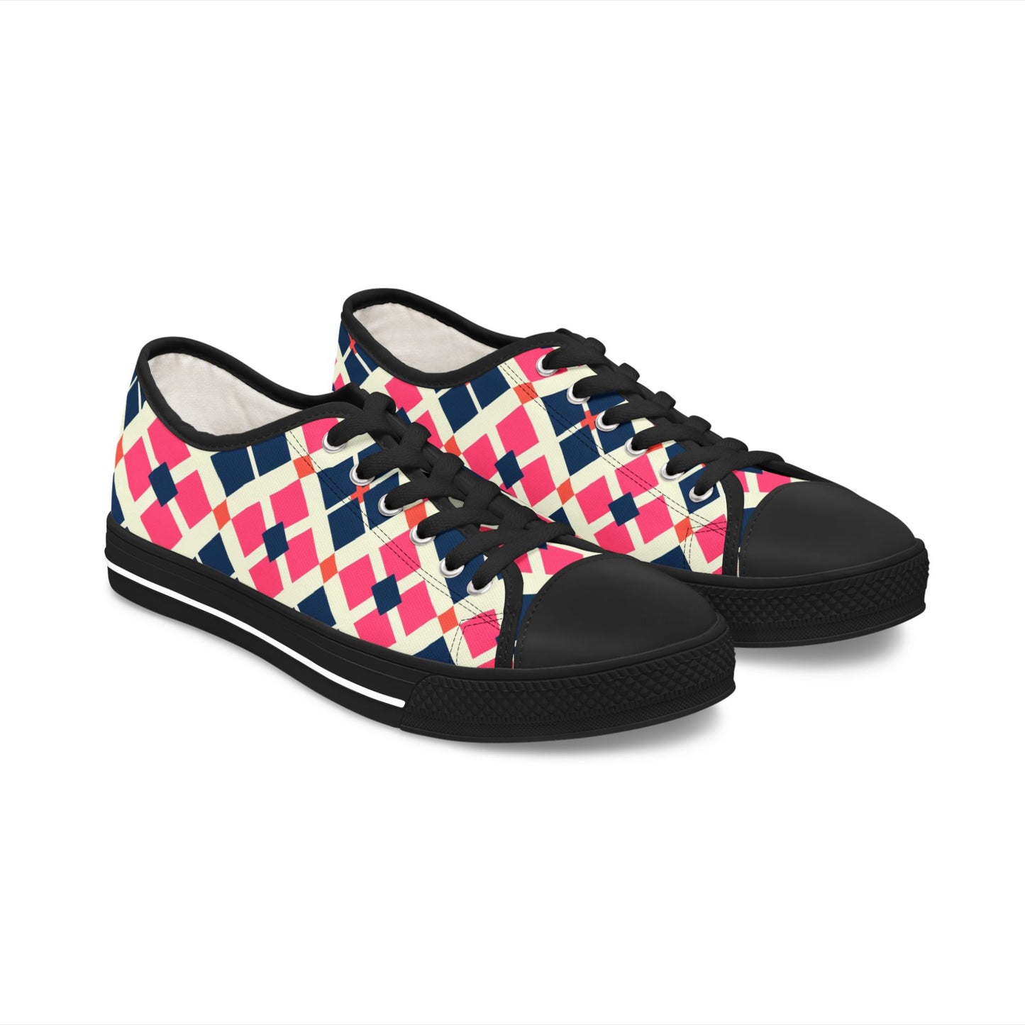 Argyle Pattern Low Top Sneakers — Pink Navy Geometric Casual Shoes