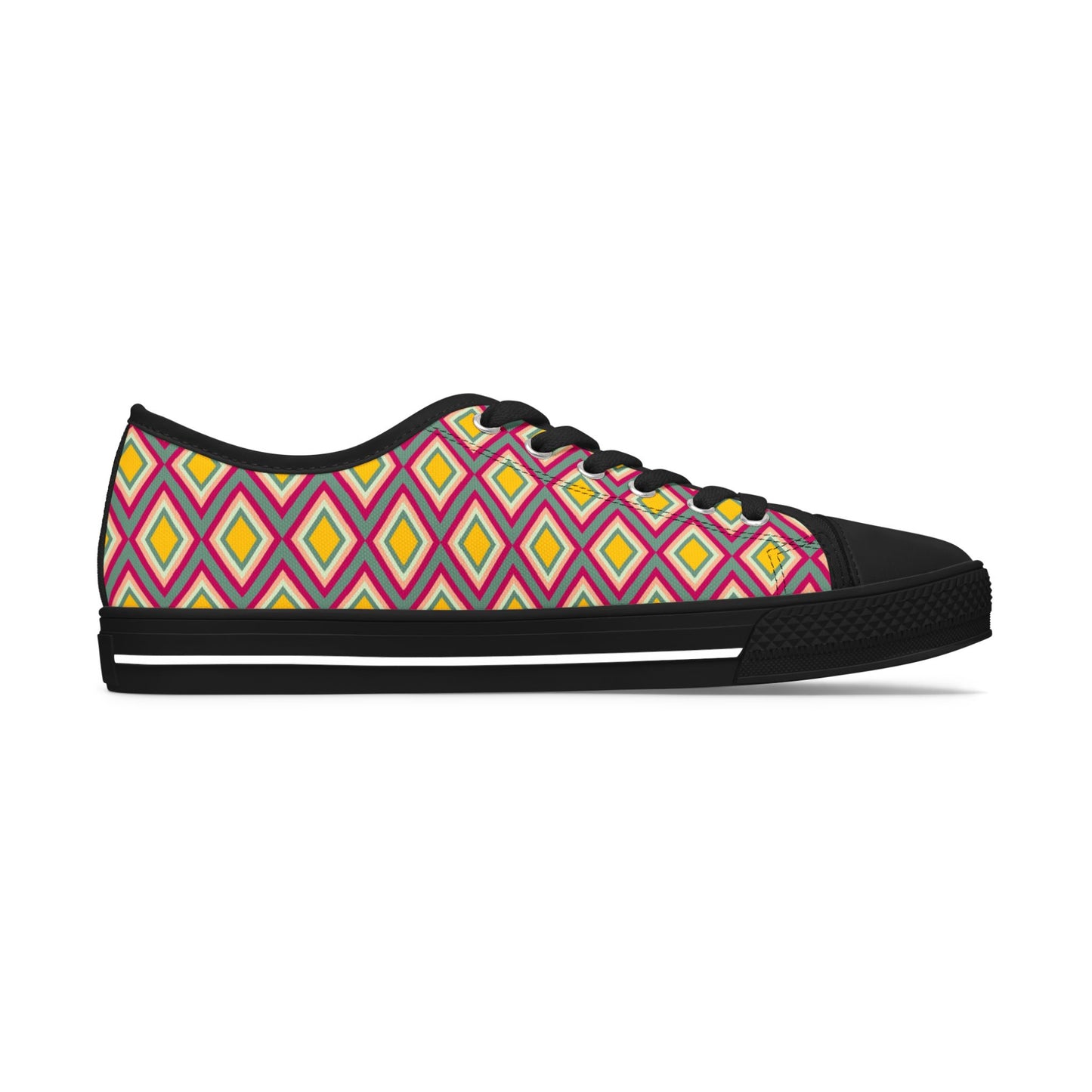 Low Top Sneakers — Retro Diamond Pattern Pink Yellow Casual Women's Shoes