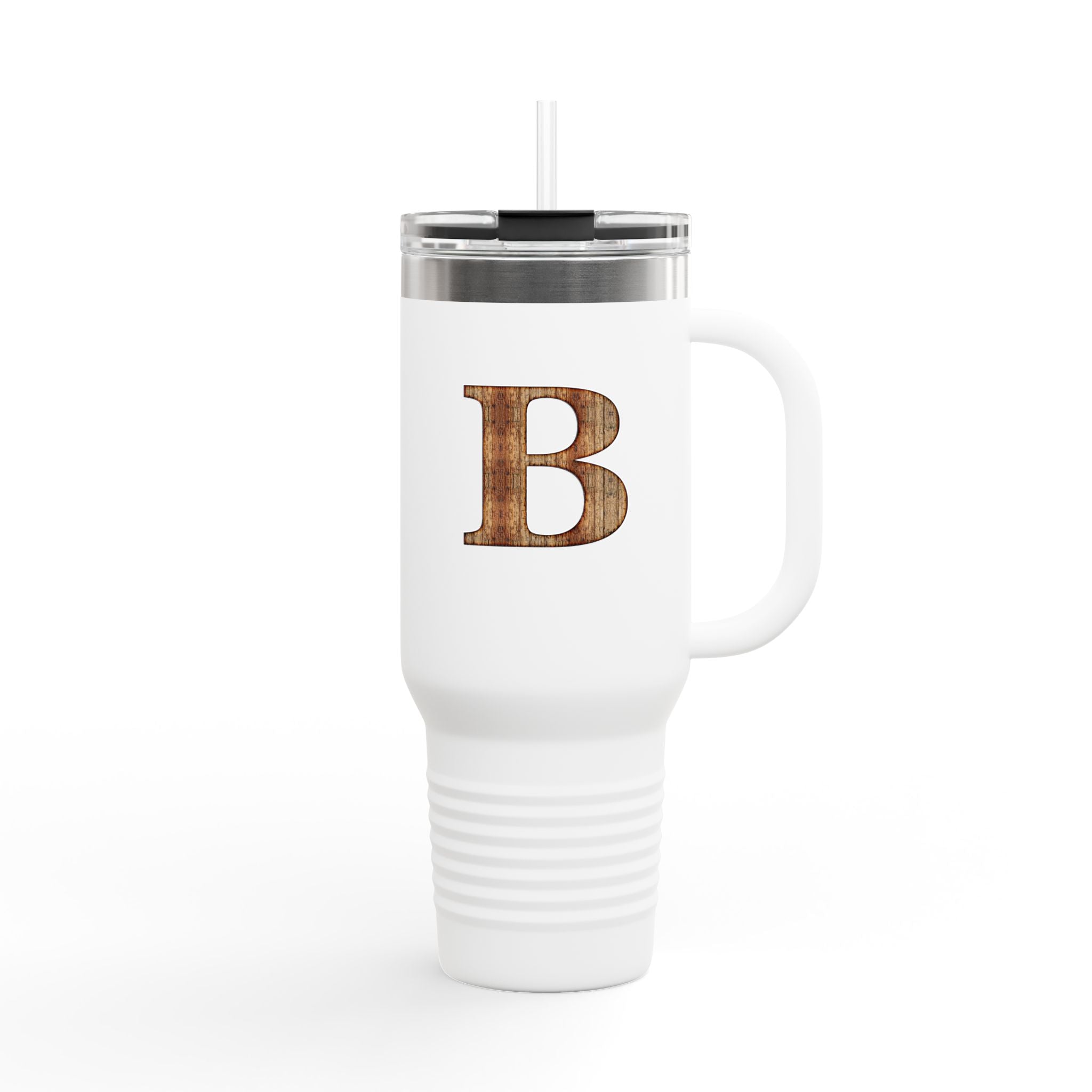 40oz Insulated Travel Mug with Rustic Wood Monogram — Letter B