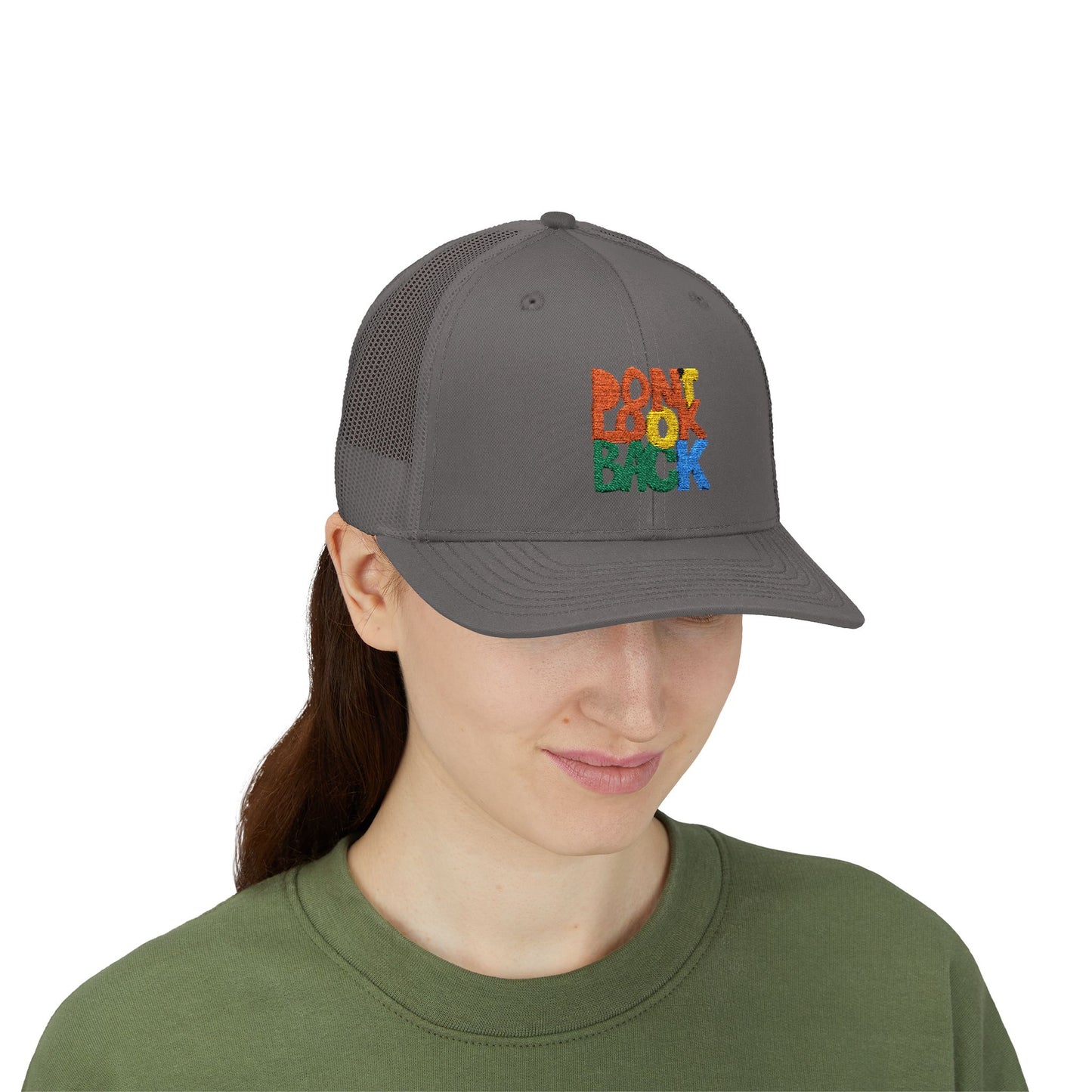 Don’t Look Back Snapback Trucker Cap — Retro Rainbow Embroidered Hat