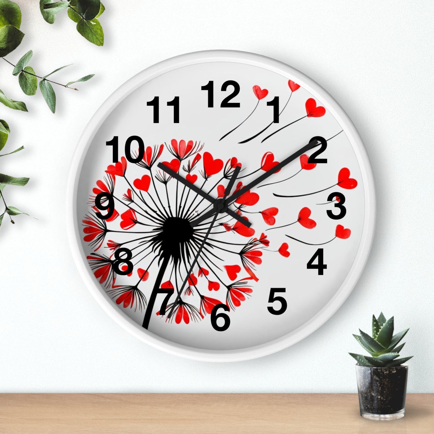 Heart Dandelion Wall Clock — Romantic Red Heart Seeds Decorative Clock