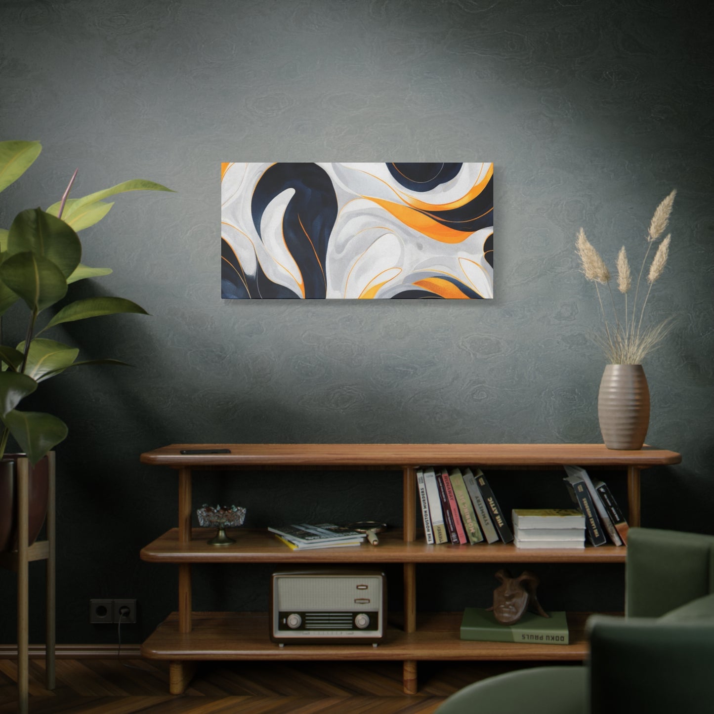 Abstract Fluid Art Matte Canvas Print — Navy, Gold & White Stretched Wall Art