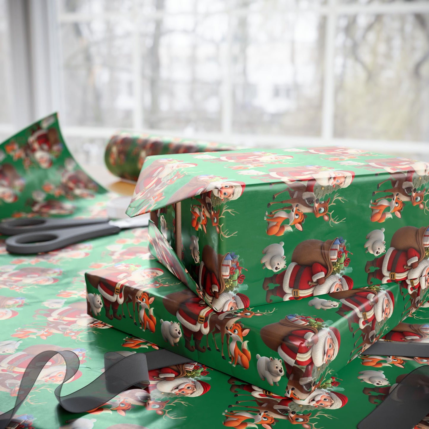 Christmas Santa & Reindeer Wrapping Paper Roll — Festive Green Holiday Gift Wrap