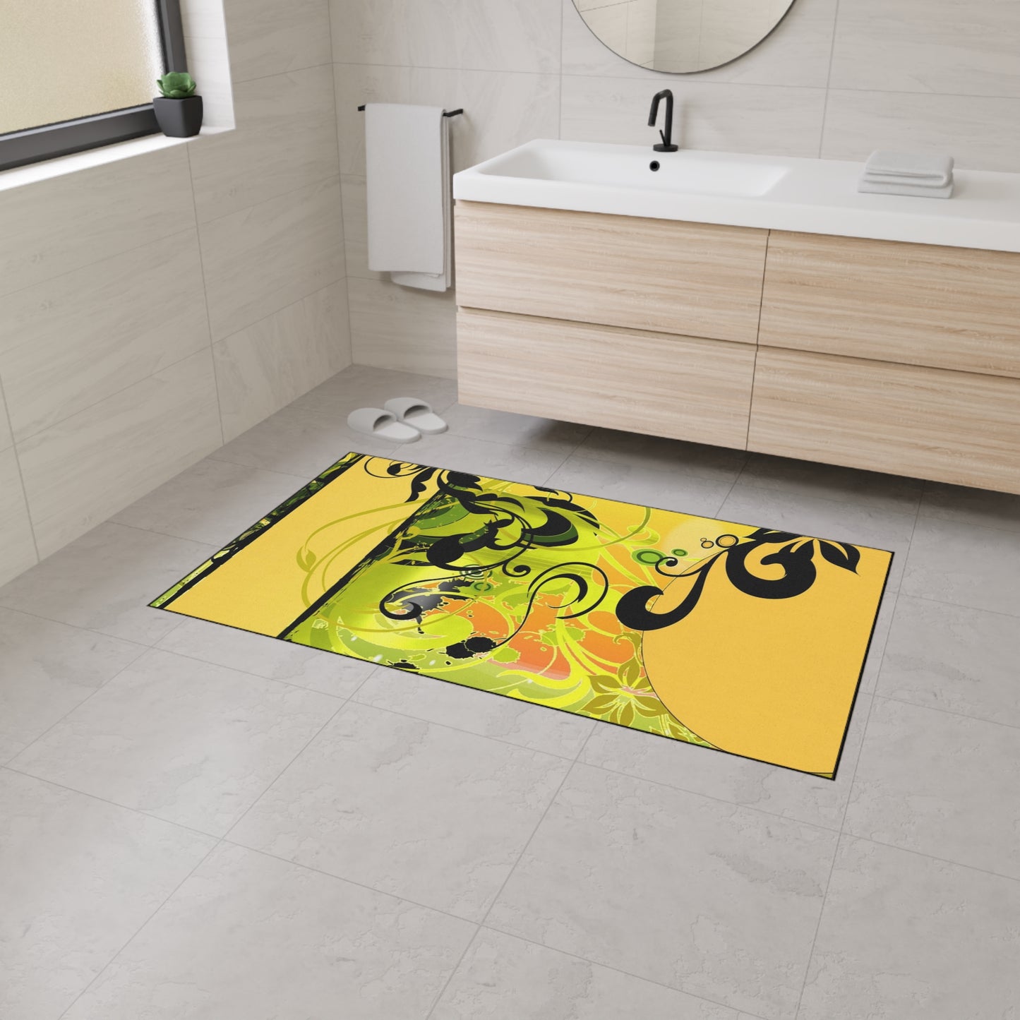 Floral Swirl Heavy Duty Floor Mat — Yellow Green Decorative Entry Rug