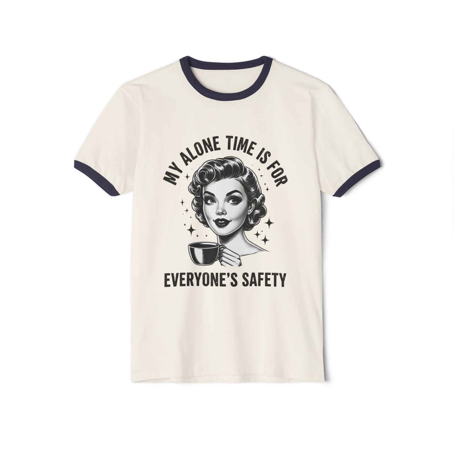 Vintage Retro Ringer T‑Shirt — “My Alone Time Is For Everyone’s Safety” Coffee Graphic