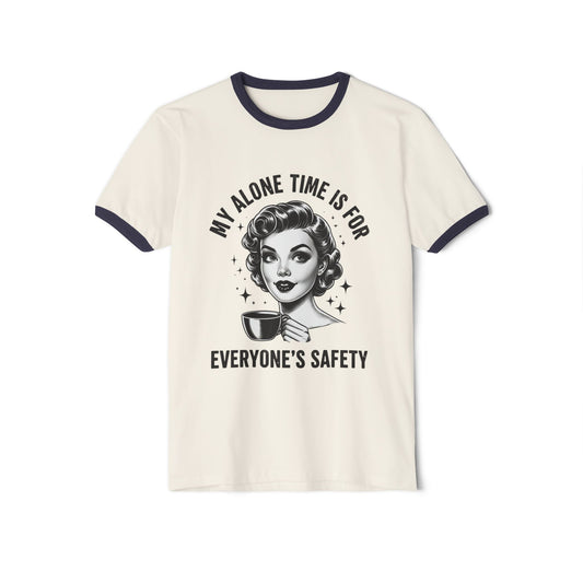 Vintage Retro Ringer T‑Shirt — “My Alone Time Is For Everyone’s Safety” Coffee Graphic