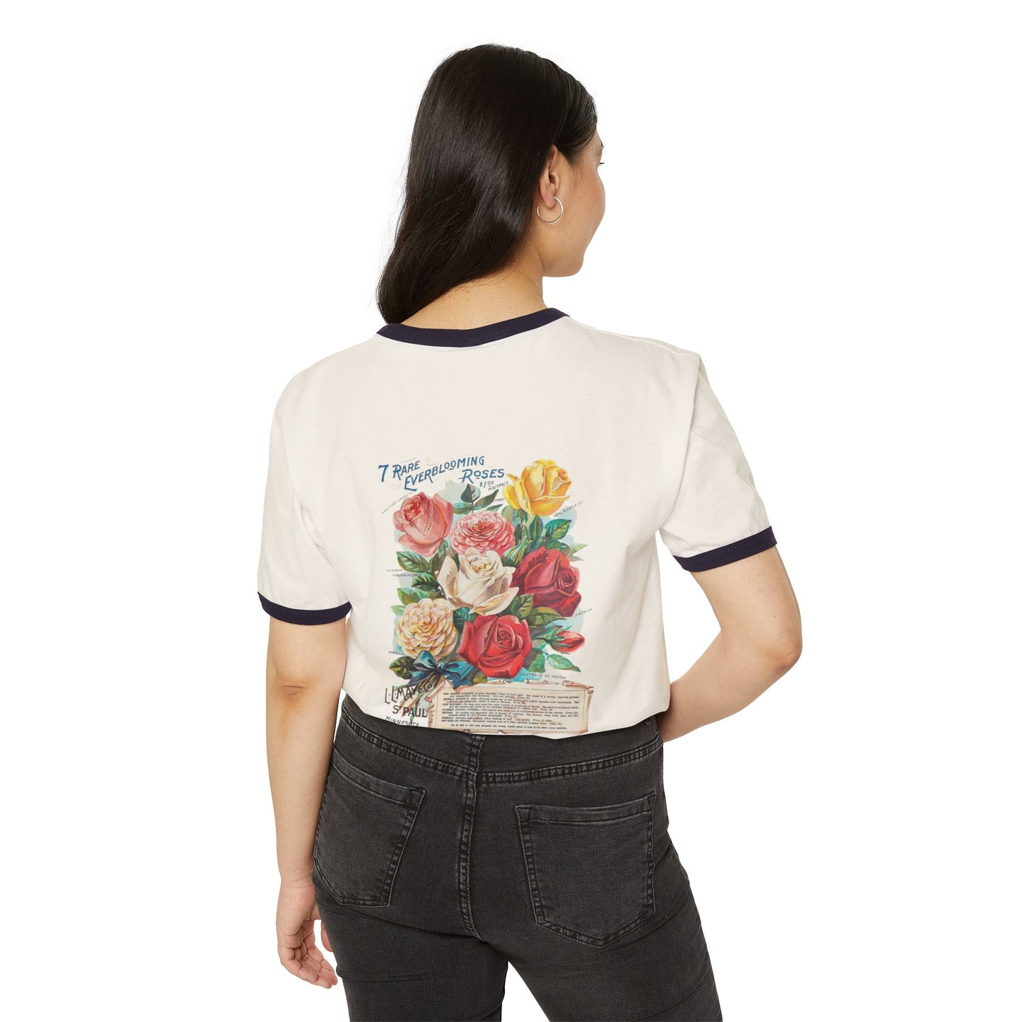 Vintage Floral Ringer Tee – '7 Rare Ever-Blooming Roses' Retro Bouquet Graphic