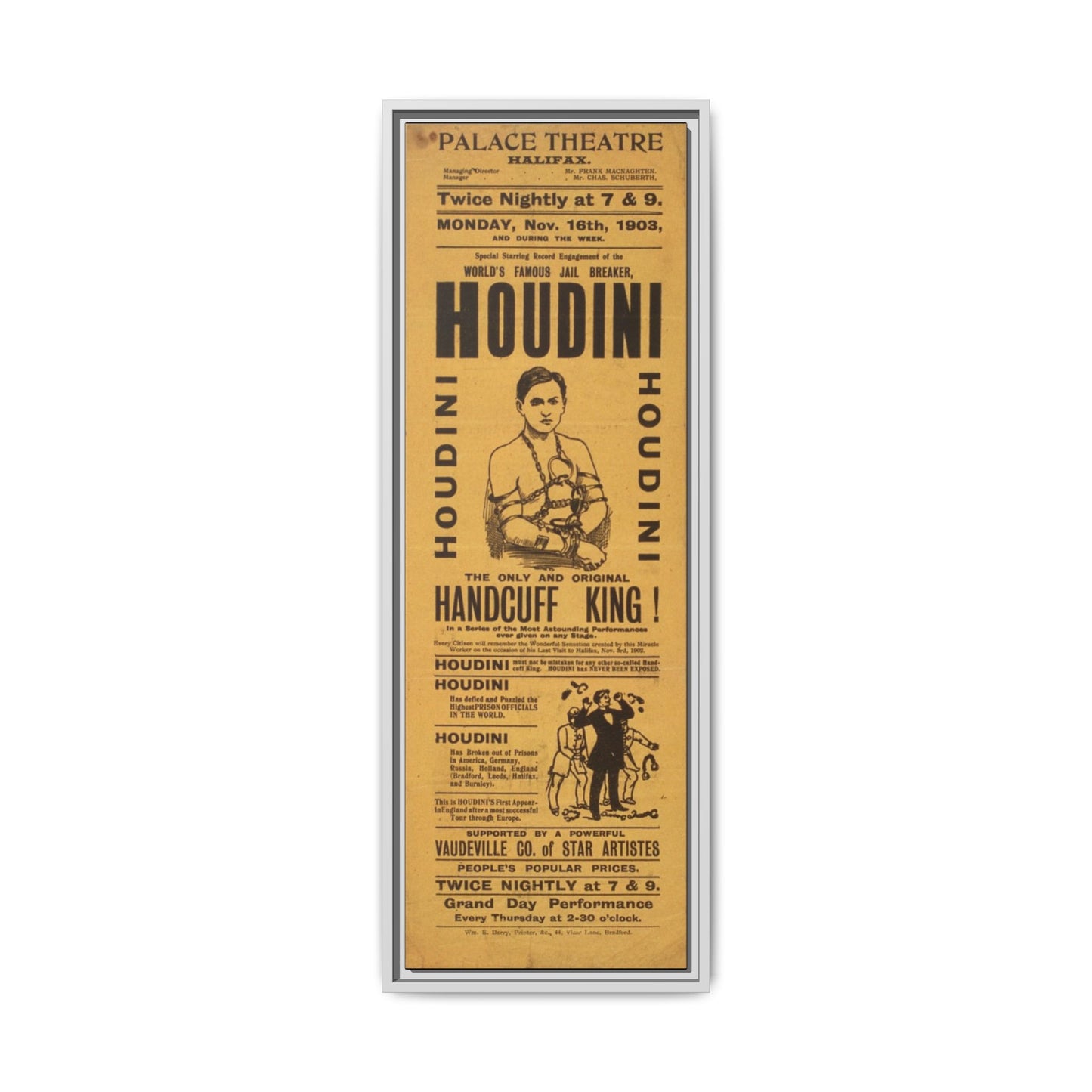 Houdini Vintage Poster Matte Canvas Print (Framed)